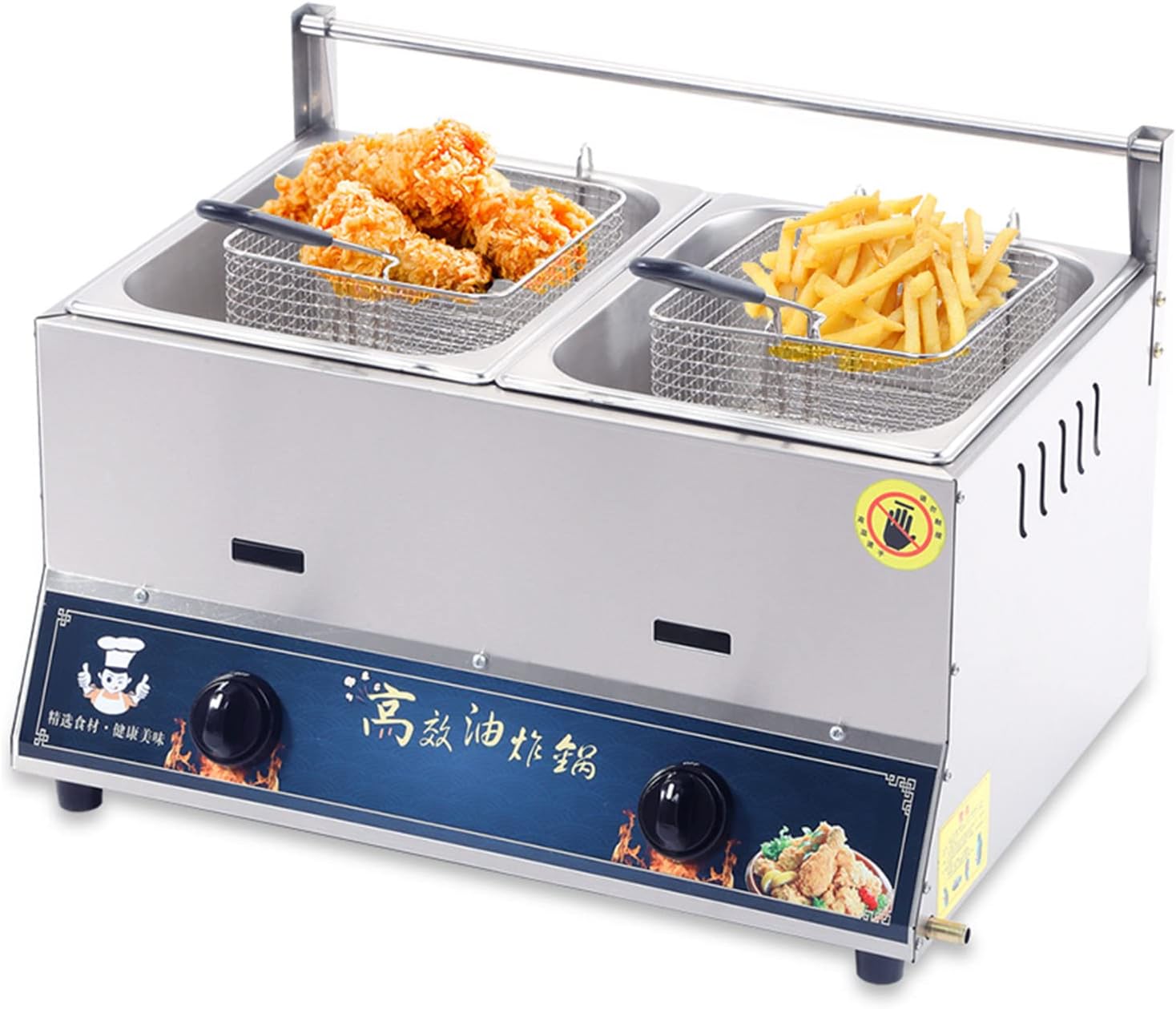 10l/20l Professional Commercial Gas Fryer, Restaurant Stainless Steel Lpg Double-slot Deep Fryer, French Fries Fish Desktop Kitchen Fryer With Frying Basket and Lid, Burger Shop Frying Pan