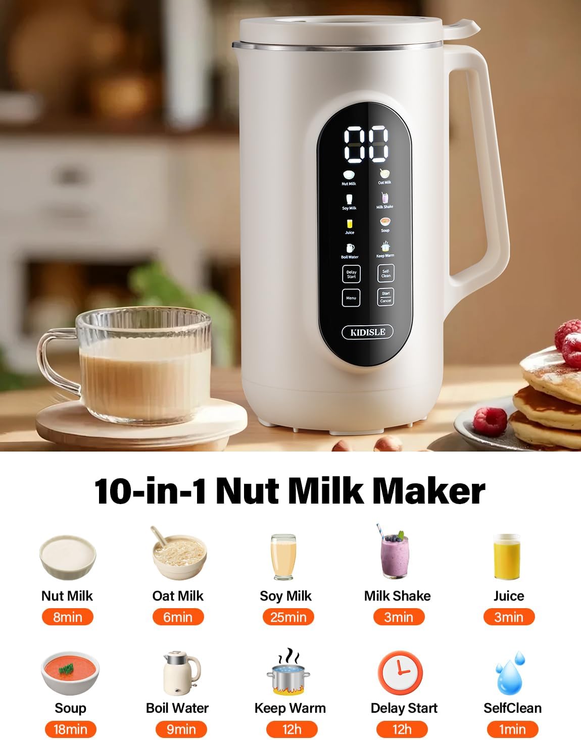 10-in-1 Nut Milk Maker Machine, 35oz Plant-Based Milk & Soup Machine with 12H Delay Start, Self-Clean, Keep Warm – Soy, Oat, Almond & More, Cream