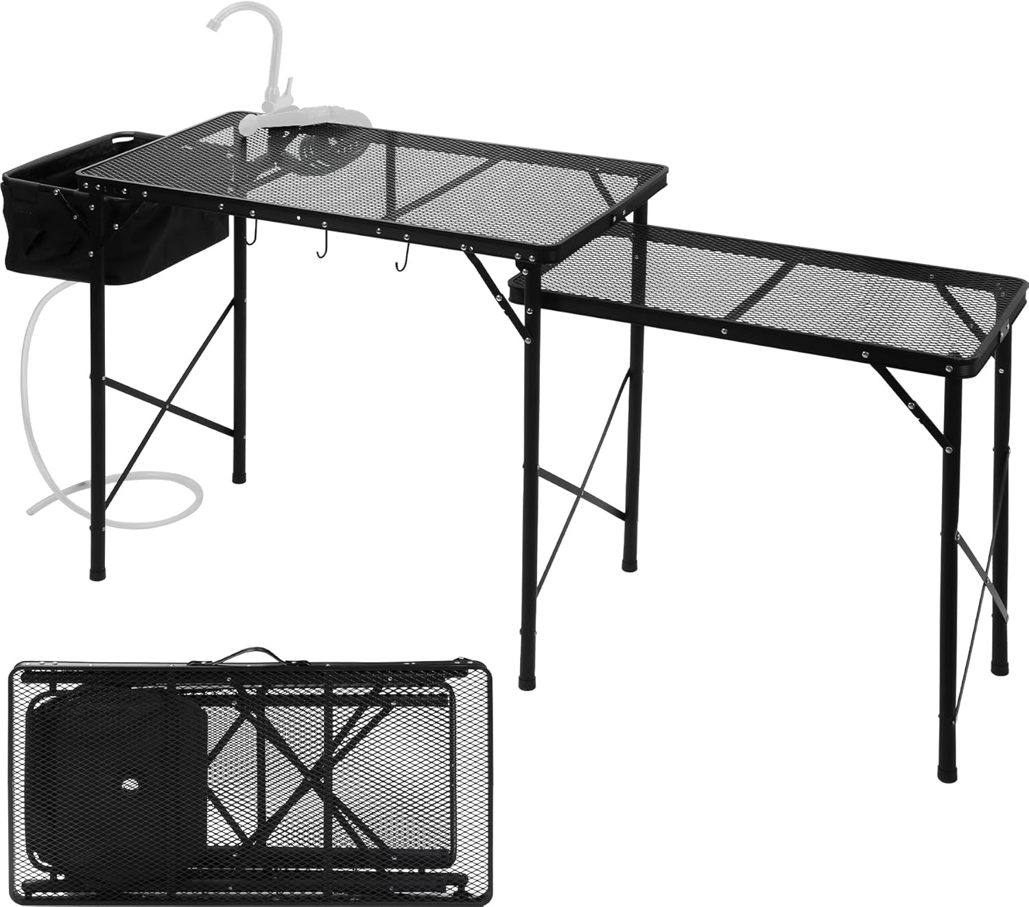REDCAMP Lightweight Camping Kitchen Table with Sink, Metal Folding Portable Camping Cooking Station Grill Table with Hooks for Outdoor, BBQ, Party and Picnic(Faucet/Sprayer NOT Included)