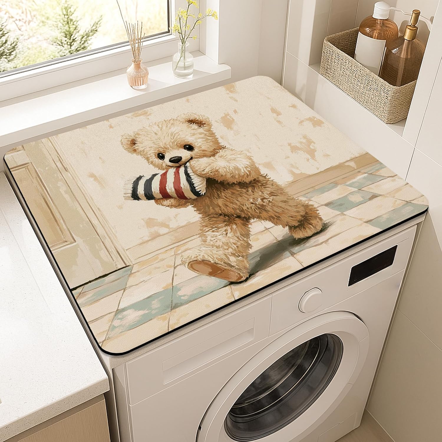 Cute Bear Washer Dryer Top Protector Mat, Vintage Plush Toy Laundry Machine Dust Covers, Winter Holiday Rubber Anti-slip Waterproof Washer And Dryer Mats for Laundry Room 20x24 Inch