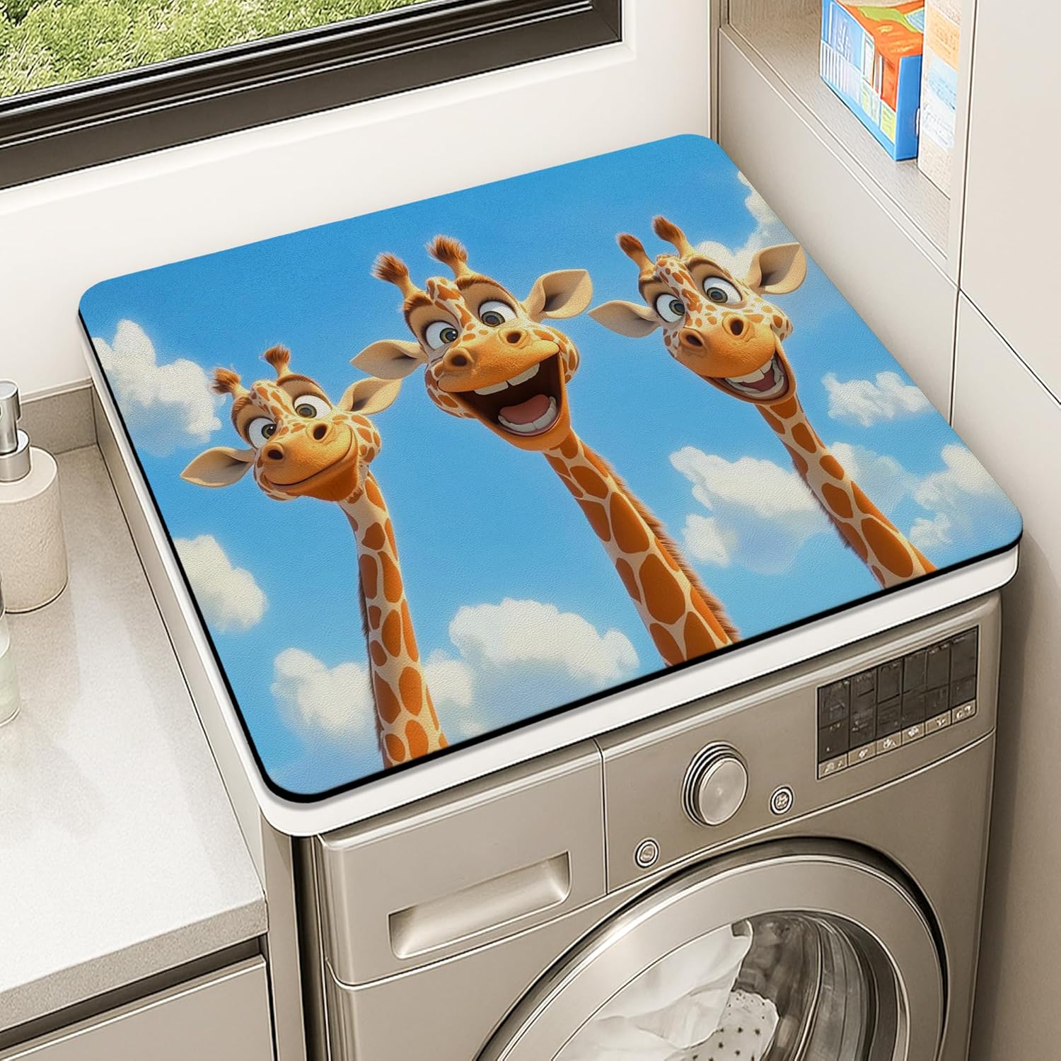 Cute Giraffe Washer Dryer Top Protector Mat, Playful Animated Animal Design Laundry Machine Dust Covers, Summer Waterproof Anti-slip Mats for Laundry Room 24x24 Inch