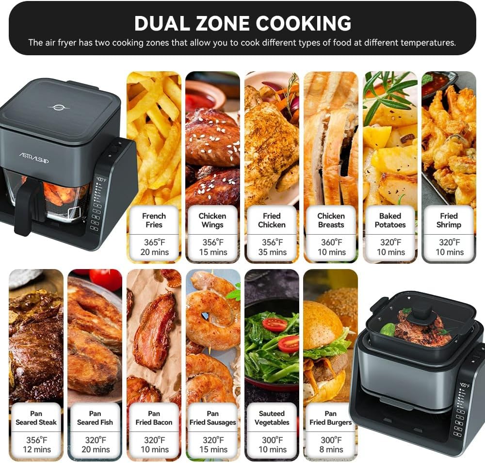Astralship Glass Air Fryer, 2-in-1 Flip Airfryer & Grill Combo, Non-Toxic Teflon Free (No Plastic Smell), 360° Visible Cooking, 7 Presets, Compact for 1-2 People, 5.5QT Total Capacity, Dishwasher Safe
