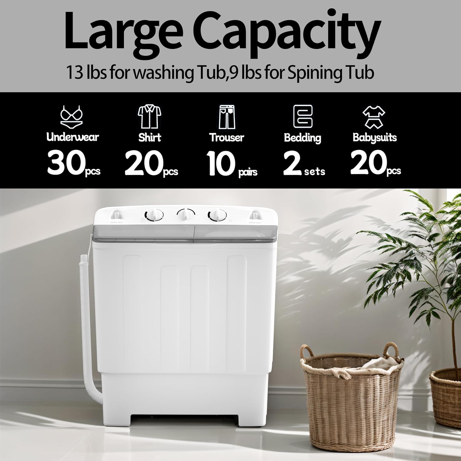 Sportpulse 17lbs Mini Twin Tub Portable Washing Machine, 10lbs Washer & 7lbs Spinner with Time Control for Apartments, Camping, RV – Compact Black Laundry Washer