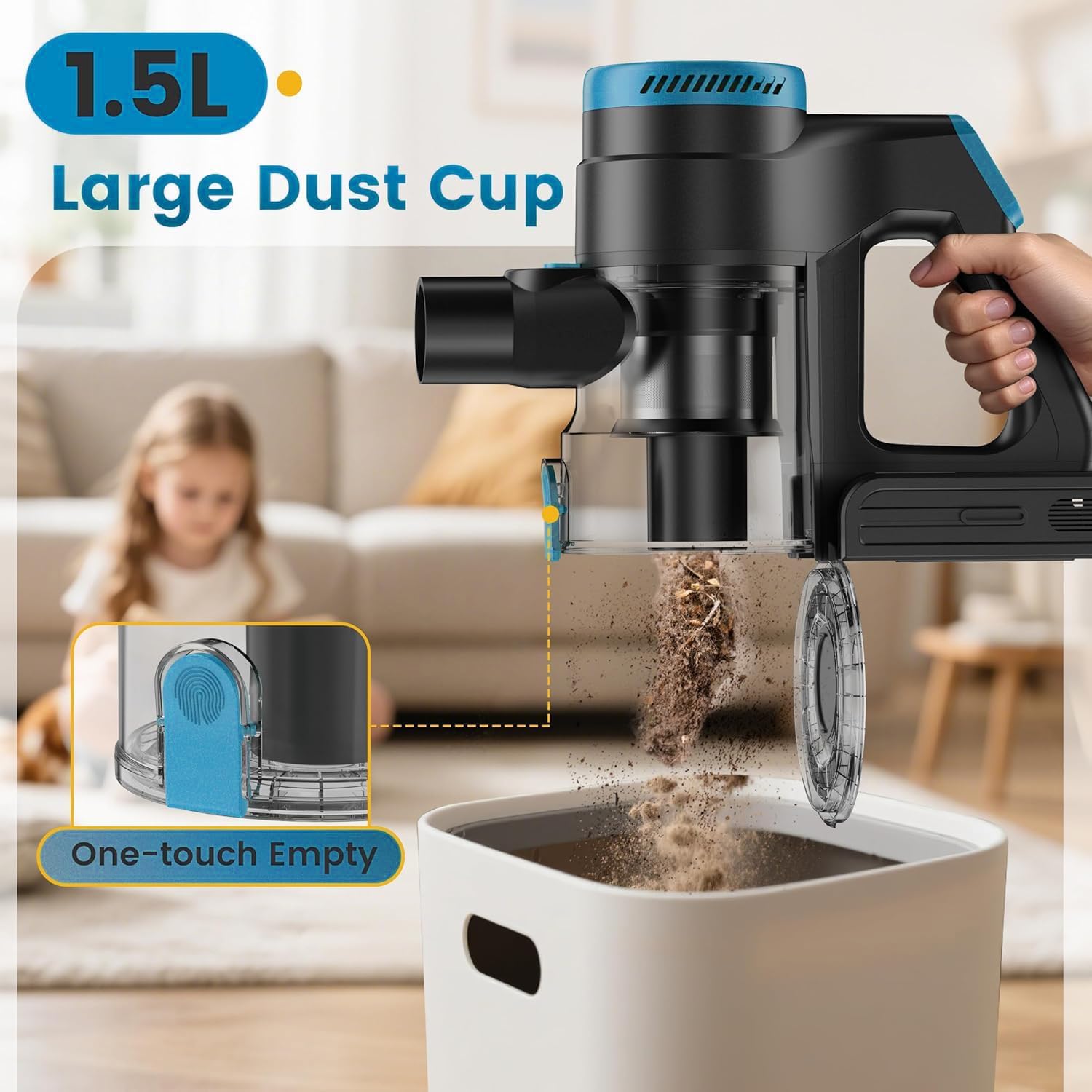 Zefiro Cordless Vacuum Cleaner,45Mins Runtime Stick Vacuum, Anti-Tangle and 1.5L Dust Cup, Lightweight Vacuum for Hardwood Floor Carpet Pet Hair