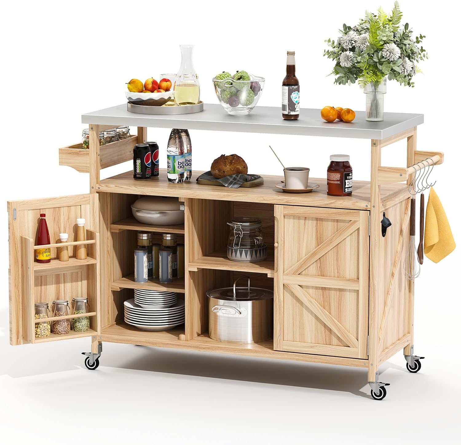 Outdoor Grill Cart with Storage, Stainless Steel Tabletop Outdoor Kitchen Island, Solid Wood Outdoor Buffet Cabinet with Wheels for Grilling, Light Wood Color