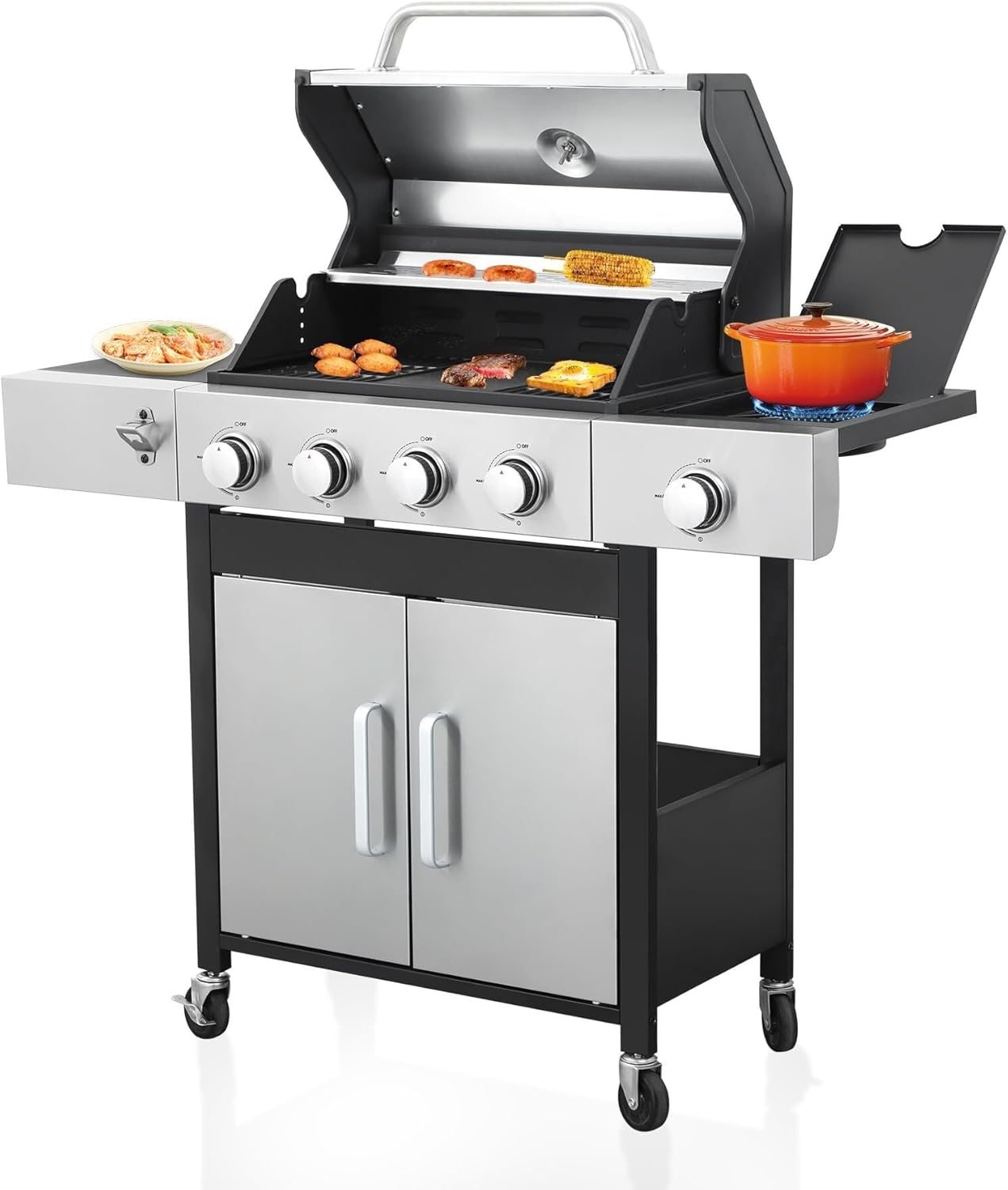 4 Burner Propane Gas BBQ Grill, Outdoor Stainless Steel Grills with Enameled Cast Iron Grids, Cast Iron Rectangular Griddle for Patio Garden Backyard, Built-in Thermometer