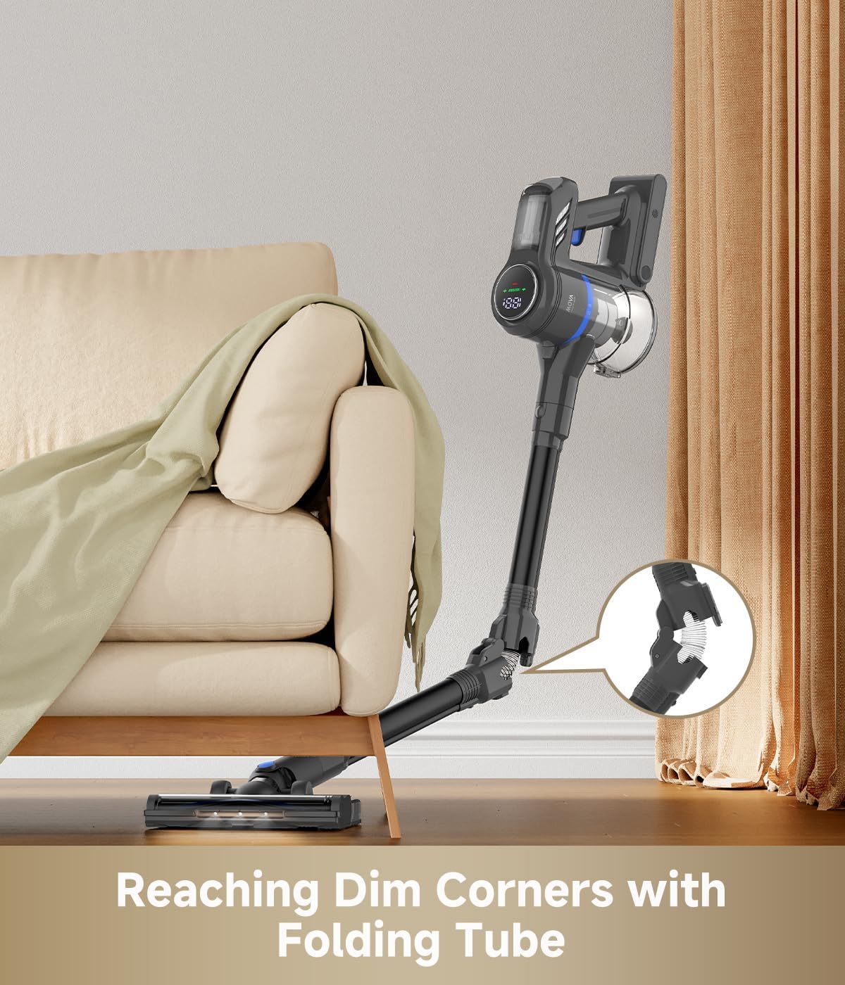 MOVA J30 Cordless Vacuum Cleaner,144AW Powerful Suction, 180° Folding Tube Cleans Corners, 4-in-1 Stick Vacuum, 60Min Runtime, Anti-Tangle Brush with Lights, Deep Clean Pet Hair, Hard Floor, Carpet