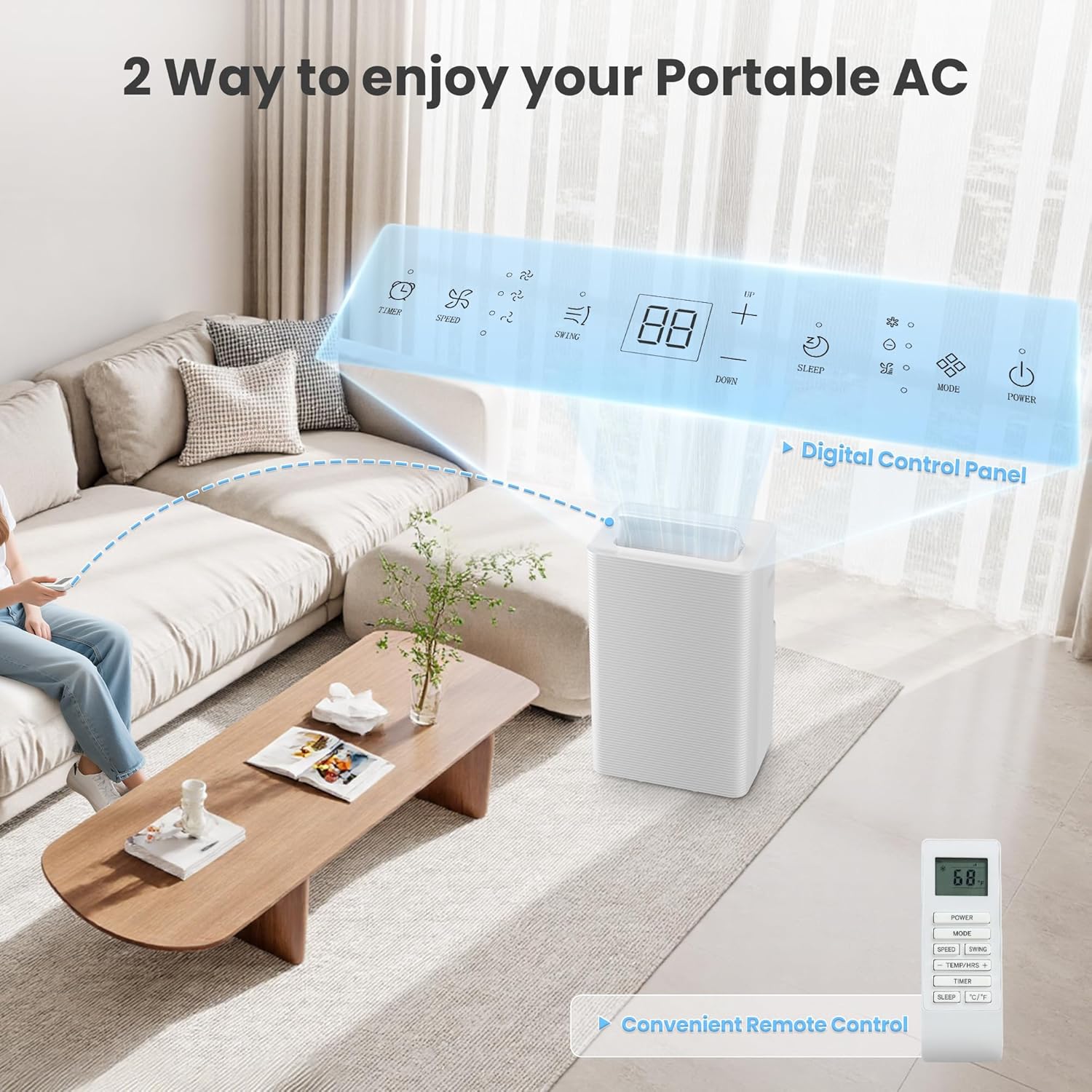 Candy 14,000 BTU Portable Air Conditioner for Rooms up to 700 Sq.Ft,3-in-1 Cooling/Dehumidifier/Fan AC Unit 3 Speed,Auto Swing,Remote Control,Window Kit Included,White