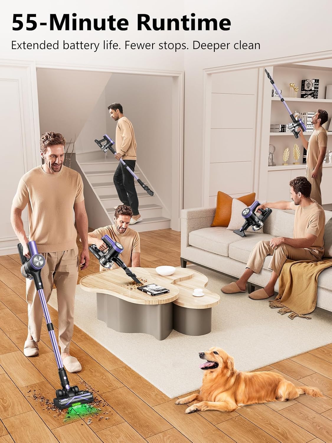 Cordless Vacuum Cleaner, 46KPa/500W Stick Vacuum with 55 Mins Runtime, Self-Standing Vacuum Cleaner for Home, LED Display, Anti-Tangle Brush, Rechargeable Vacuum for Hardwood Floor, Pet Hair (Violet)