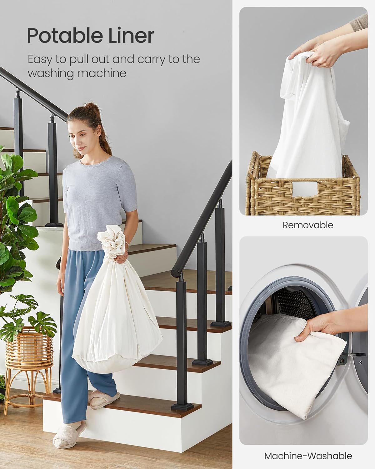 SONGMICS Laundry Hamper with Lid, 42.3 Gallons (160 L), Rolling Laundry Basket with Wheels, 3-Section Synthetic Rattan, Removable Liner, Bedroom, 29.9 x 13 x 26 Inches, Natural ULCB365N01