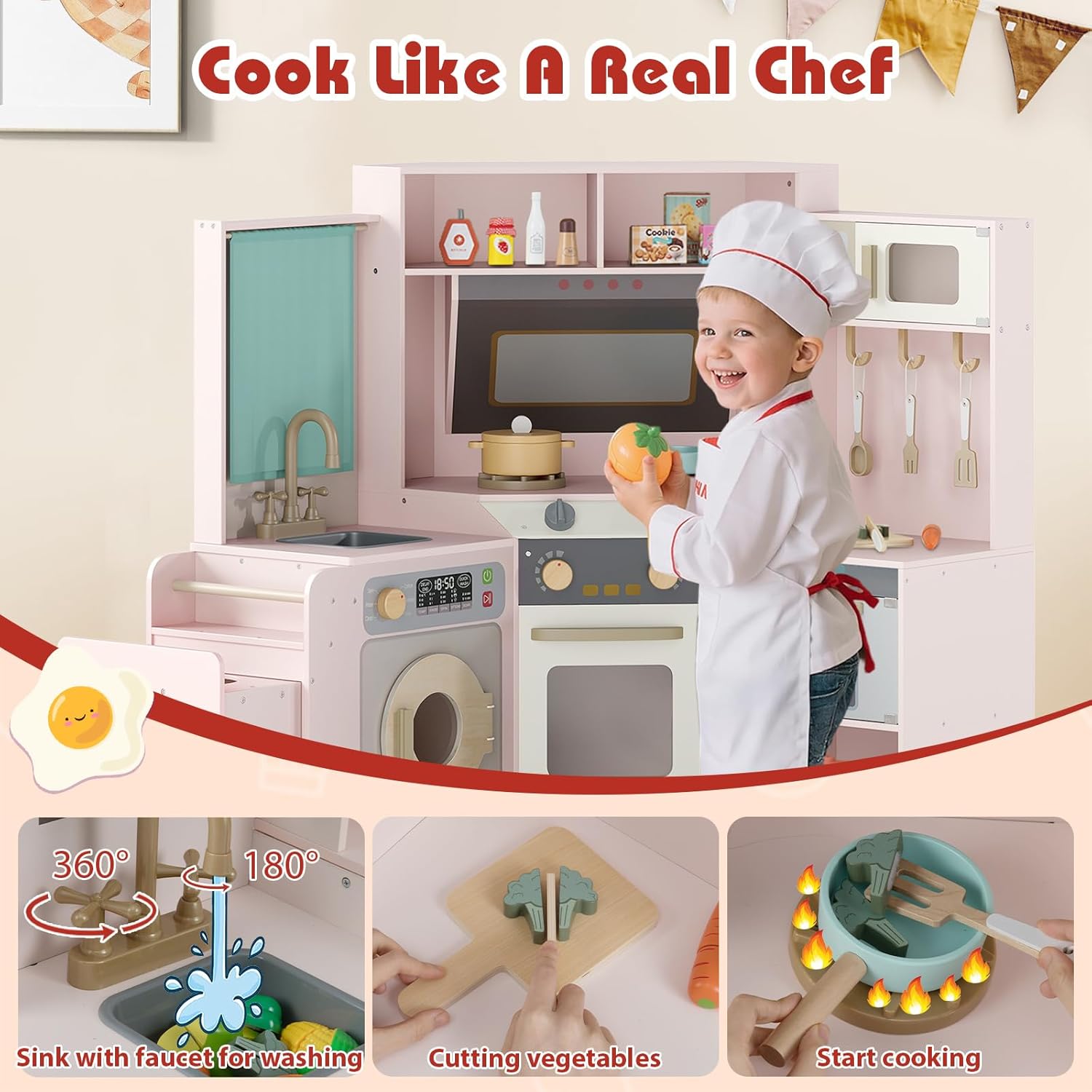 Costzon Corner Play Kitchen, Large Pretend Play Kitchen w/Real Light & Sound, Pull-Out Trash Can, Stoves, Microwave, Oven, Washer, Little Chef Wooden Kitchen Playset for Kids 3+ Years Old (Pink)