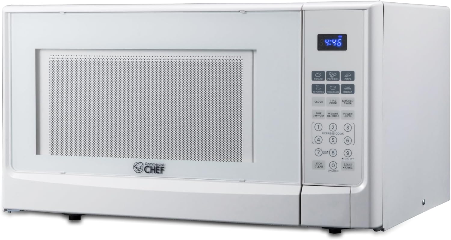 COMMERCIAL CHEF 1.4 Cubic Foot Microwave with 10 Power Levels, Small Microwave with Push Button, 1100 Watt Microwave with Digital Control Panels, Countertop Microwave with Timer, White