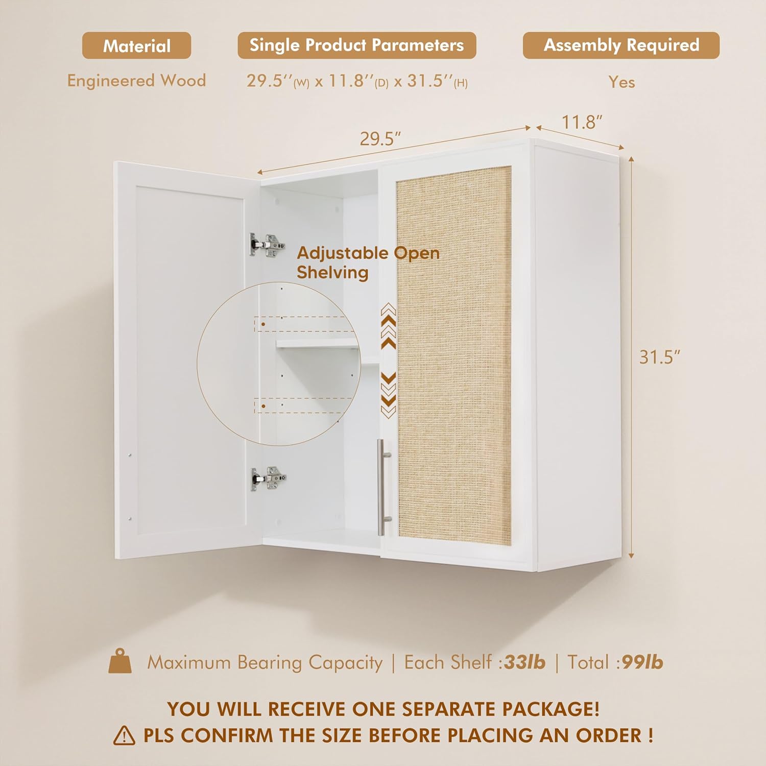 29.5’’ Laundry Room Cabinets, Wall Mounted Cabinet with Rattan Doors and Adjustable Shelf, Kitchen Wall Cabinet, Bathroom Wall Cabinet, Upper Cabinet for Laundry, White