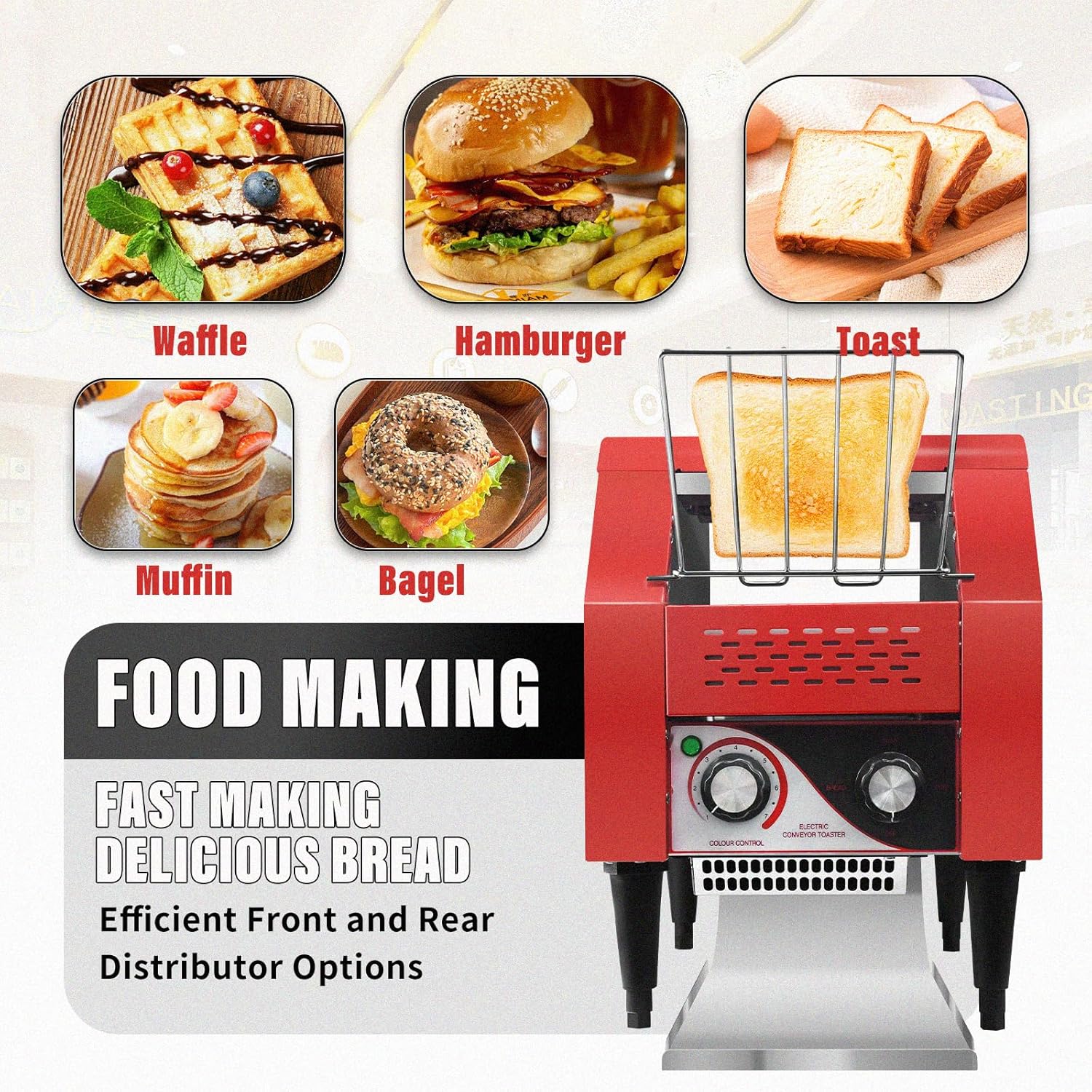 Commercial Conveyor Toaster 150 Slices/Hour Red Conveyor Toaster 3 Modes/7 Speeds Stainless Steel Tabletop Toaster for Toast, Bagels and Other Baked Breads