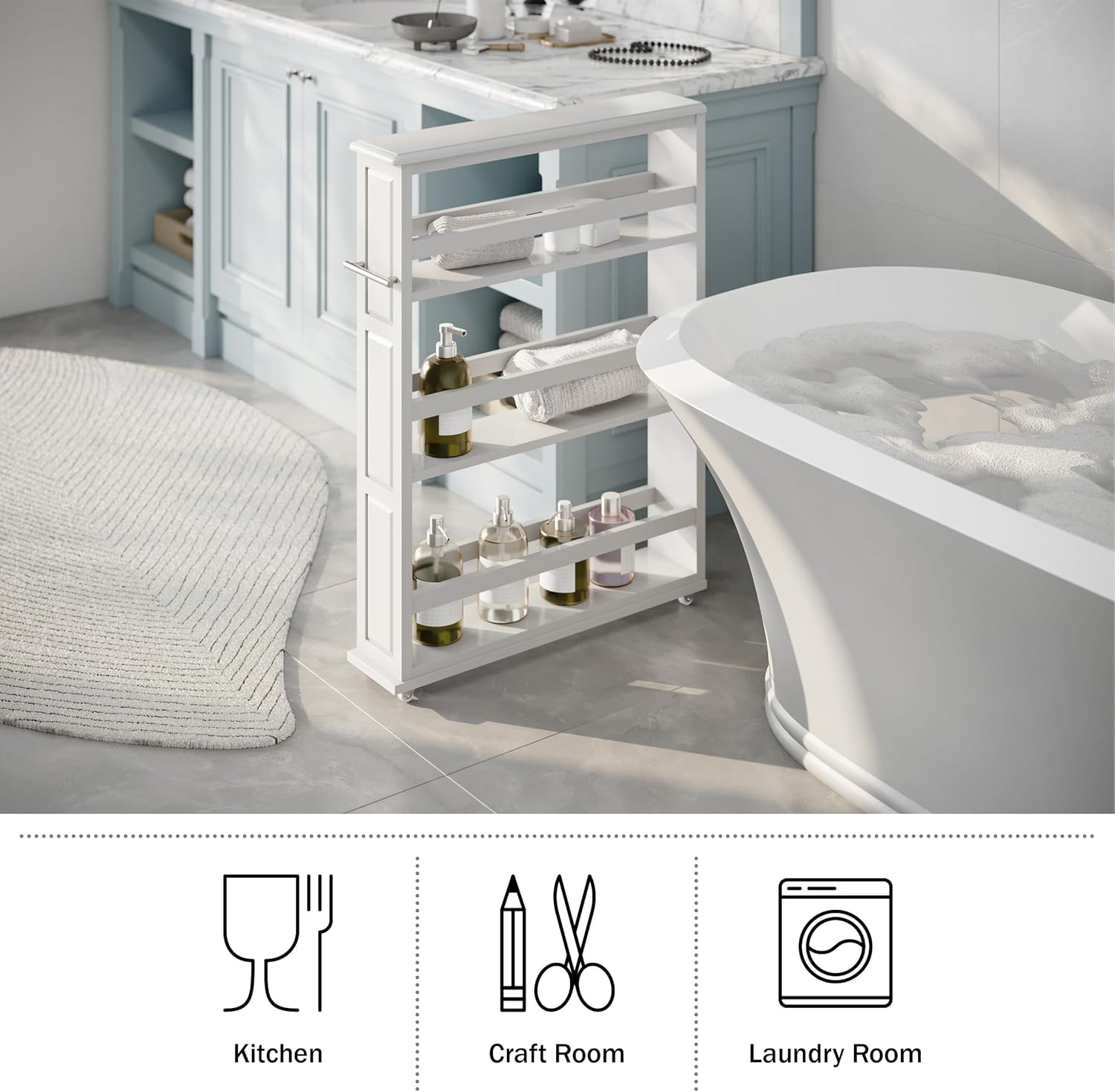 Slim Rolling Storage Cart - 4 Tier Utility Cart with Handle and Wheels for Bathroom, Kitchen and Laundry Room - Storage Shelves by Lavish Home (White)