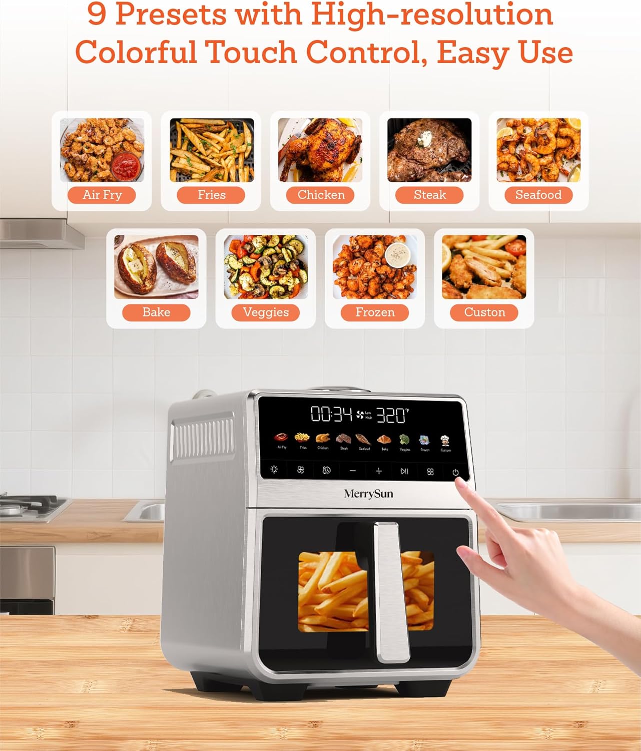 6 Qt Stainless Steel Air Fryer, Stainless Steel Housing& Full Metal Inner Pot, PTFE and PFAS Free, 9 Digital One-Touch Cook Functions,120°F~450°F, 1700W