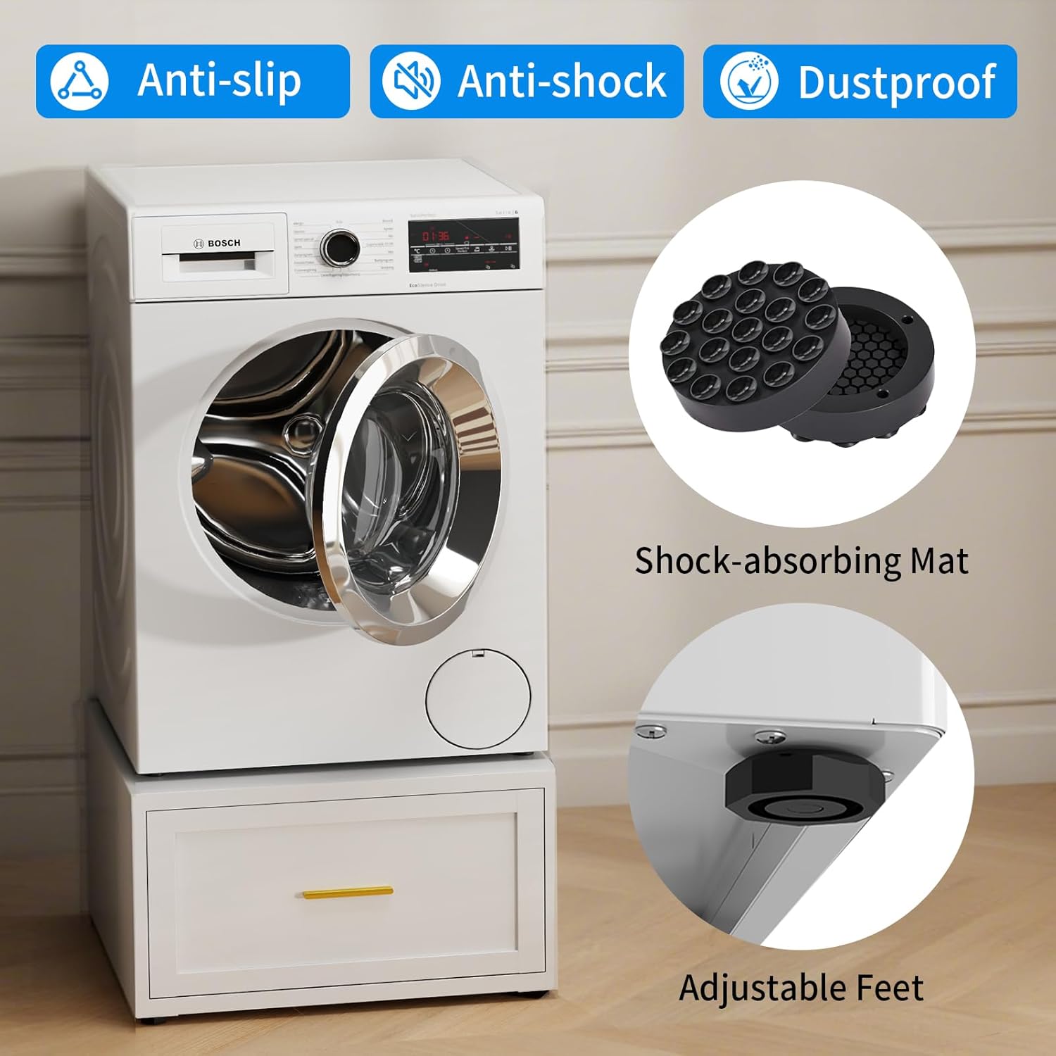 2 Pack Metal Washer and Dryer Pedestal, 28''W Heavy Duty Washing Machine Base Stand with Storage Drawer, Universal Fit Anti-Vibration Laundry Pedestal for Washer and Dryer, 440 LBS Capacity (White)