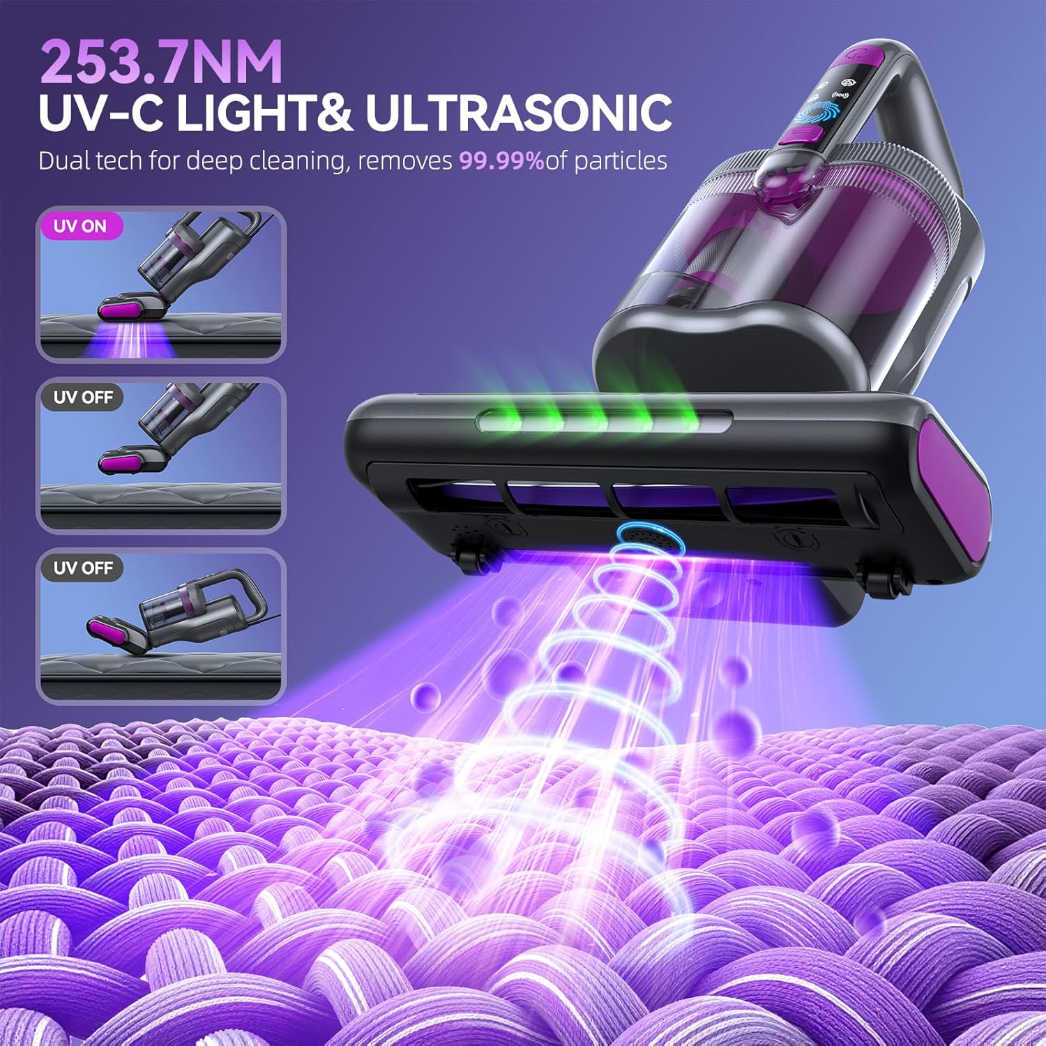 Mattress Vacuum Cleaner, 16Kpa Bed Vacuum with UV-C Sanitization, Thermal Air Drying, Ultrasonic Wave, and 30000 RPM/Min Brushroll Action, Expanded Suction Inlet, Corded (Dark Gray)