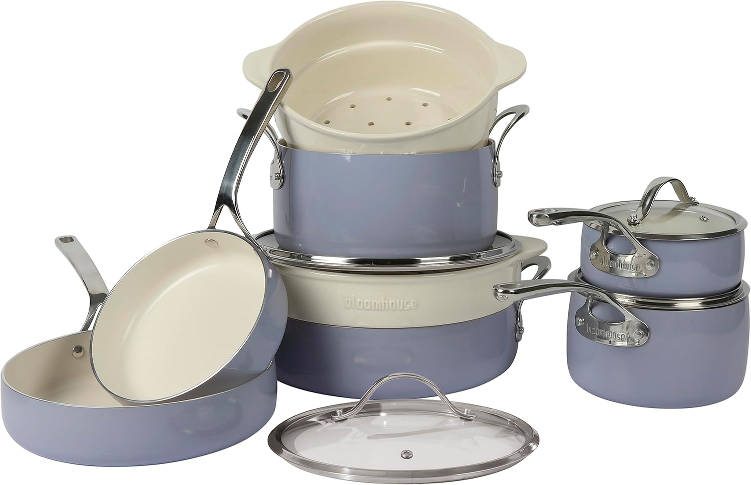 Bloomhouse 12 Piece Aluminum Pots and Pans Cookware Set w/Non-toxic Ceramic Non-stick, Ceramic Steamer Insert, & 12 Protective Care Bags - Periwinkle Blue
