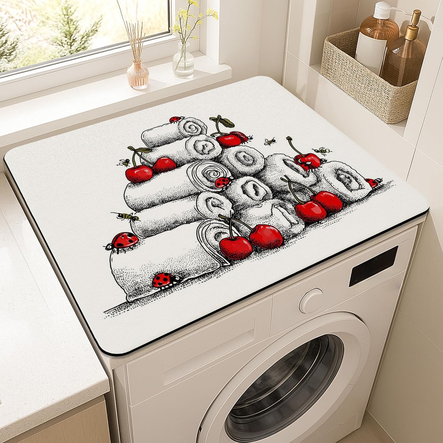 Cherries Print Washer Dryer Top Protector Mat, Vintage Floral Cherries Blossom Laundry Machine Covers, Spring Waterproof Rubber Anti-slip Washer And Dryer Mats for Laundry Room 20x24 Inch