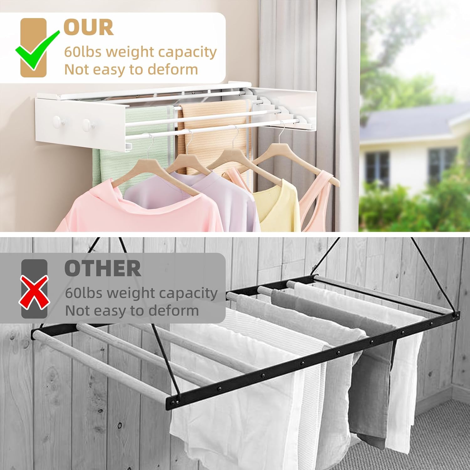 BAKON Wall Mounted Drying Rack with 4 Hooks and Shelf, Foldable Clothes Drying Rack for Laundry Room, Collapsible Laundry Rack Wall Mount, for Indoor Outdoor Hanging Clothes, 23.6 Inch