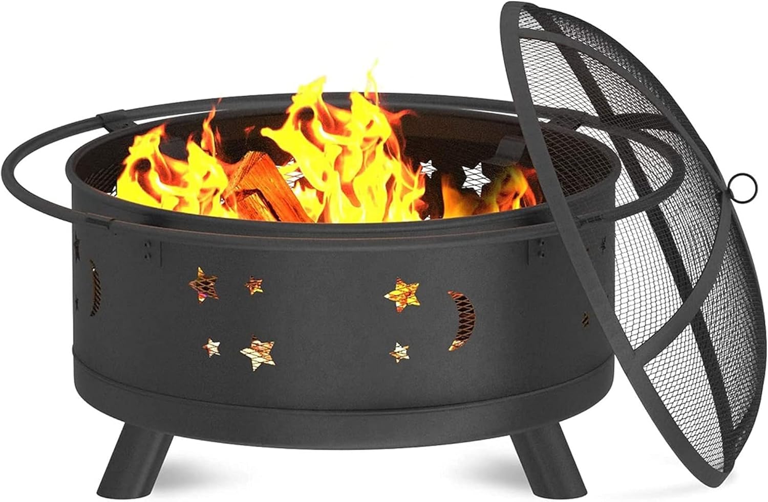 Round Outdoor Fire Pit, Large Wood Burning Fire Pit w/Spark Screen, Wrought Iron Bonfire Fire Pit for Party, BBQ, Heating, Patio, Garden