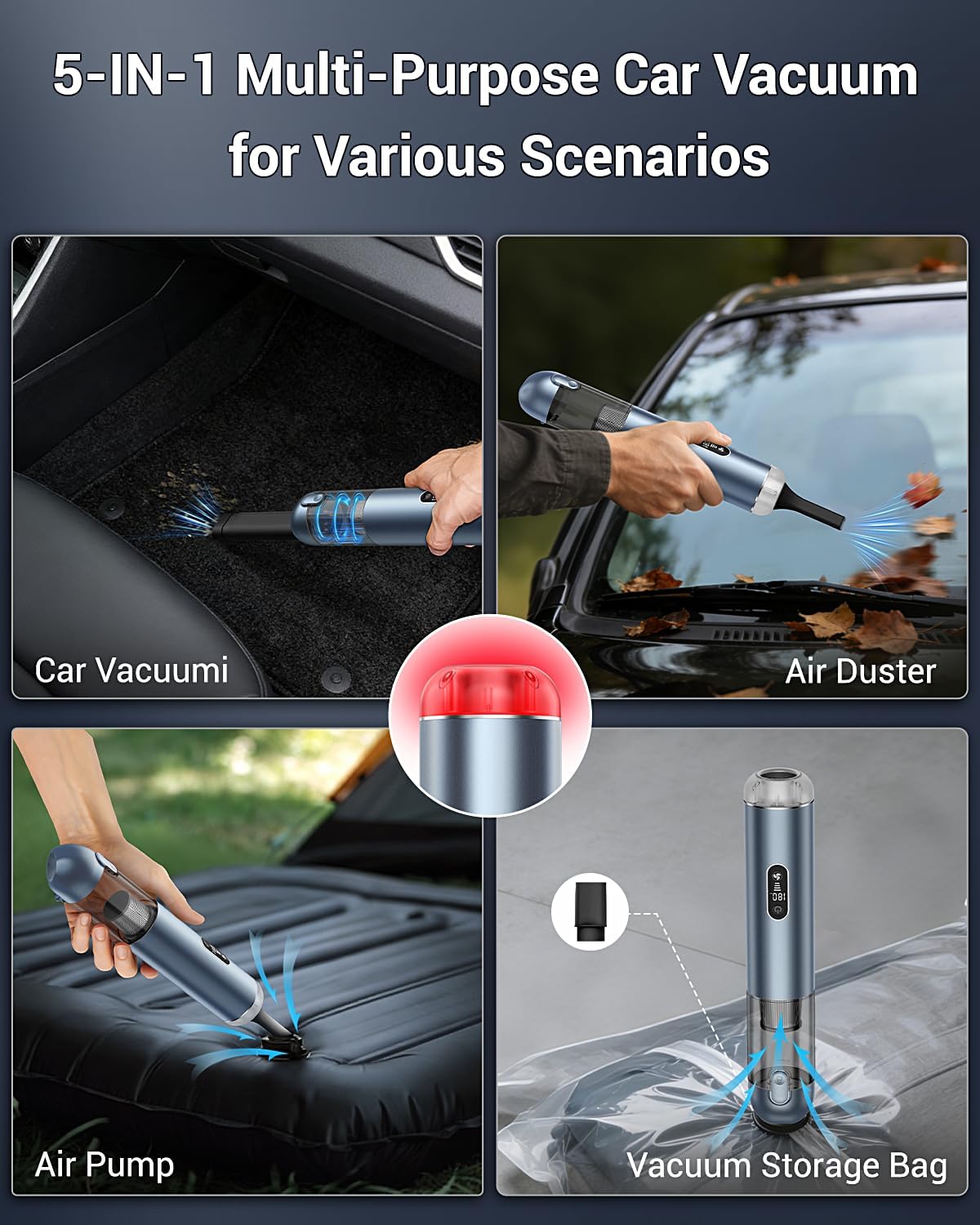 Handheld Vacuum Cordless, Powerful 18Kpa Car Vacuum with Brushless Motor, Portable Hand Held Vacuum with 3 Speed Modes, 5- in-1 Mini Vacuum Cleaner with White LED & Red Flash for home/Car/Office