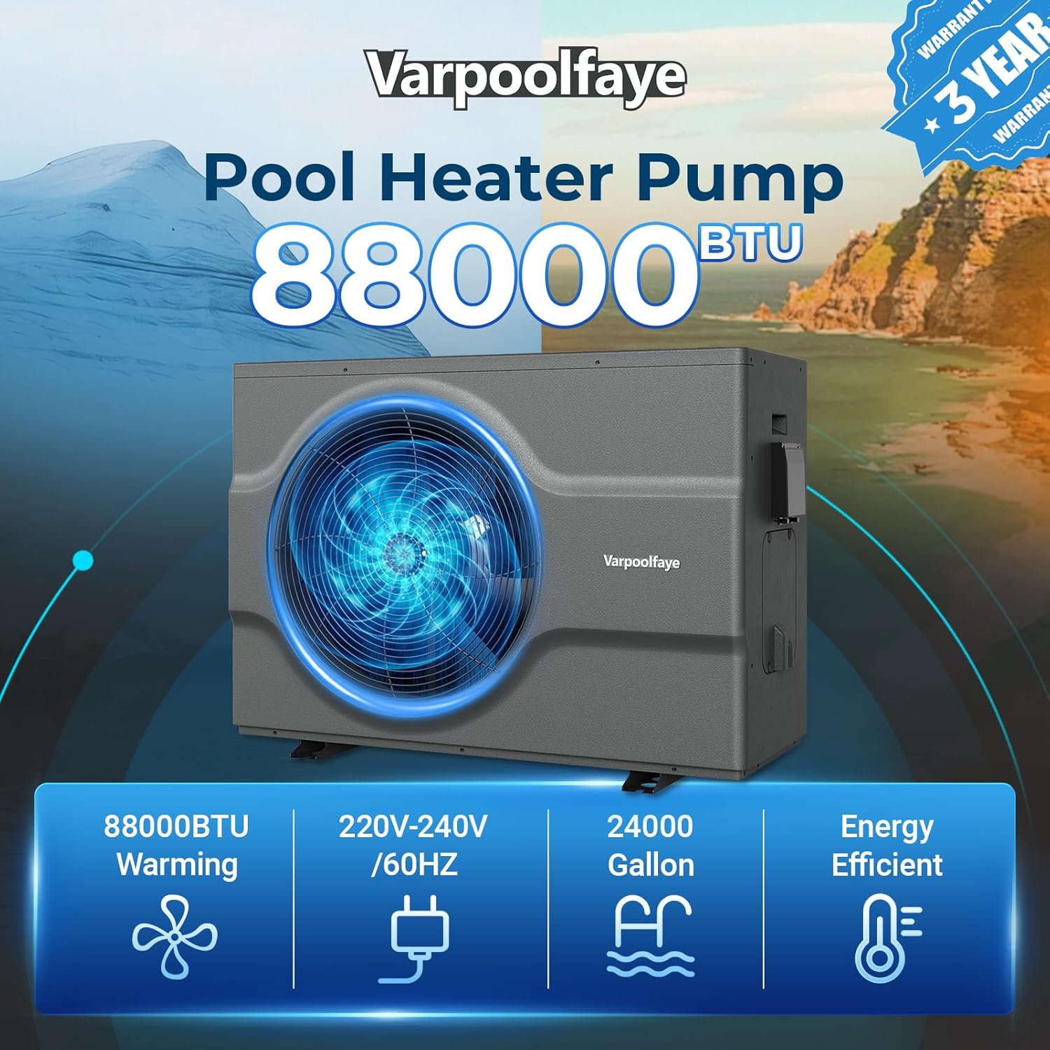 Inverter 88000 BTU Electric Pool Heat Pump for Inground Pool Heater Above Ground 220V 24000 Gallon Heating or Cooling WiFi Control Schedule