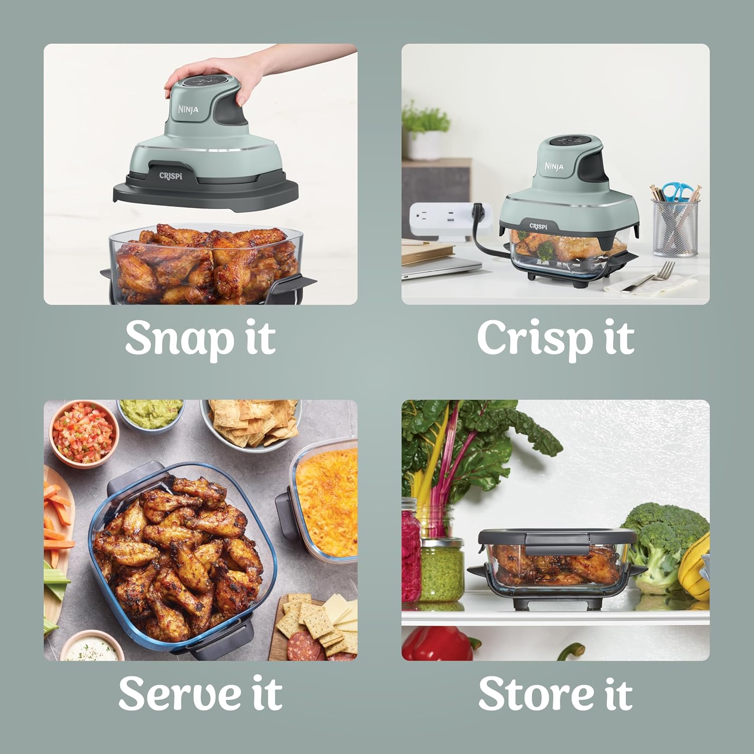 Ninja Crispi Air Fryer, Microwave, Freezer & Dishwasher Safe, Non Toxic Glass Portable Cooking System, 4 QT & 6 Cup Glass Containers with Storage Lids, Easy Meals, Air Fry, Bake, Green, FN101SG