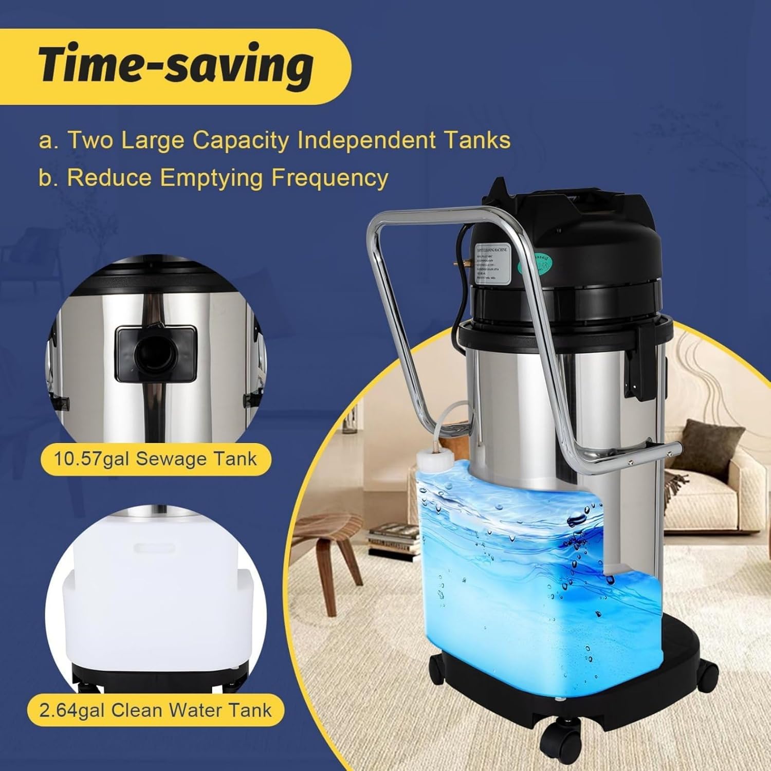 Carpet Upholstery Cleaner, Carpet Cleaner Machine Deep Cleaner, Commercial Carpet Cleaning Machine With Water Vacuuming Head&Round Brush, 1049w 230mbar Suction, Swith 22.97ft Cord And Wheels 40L