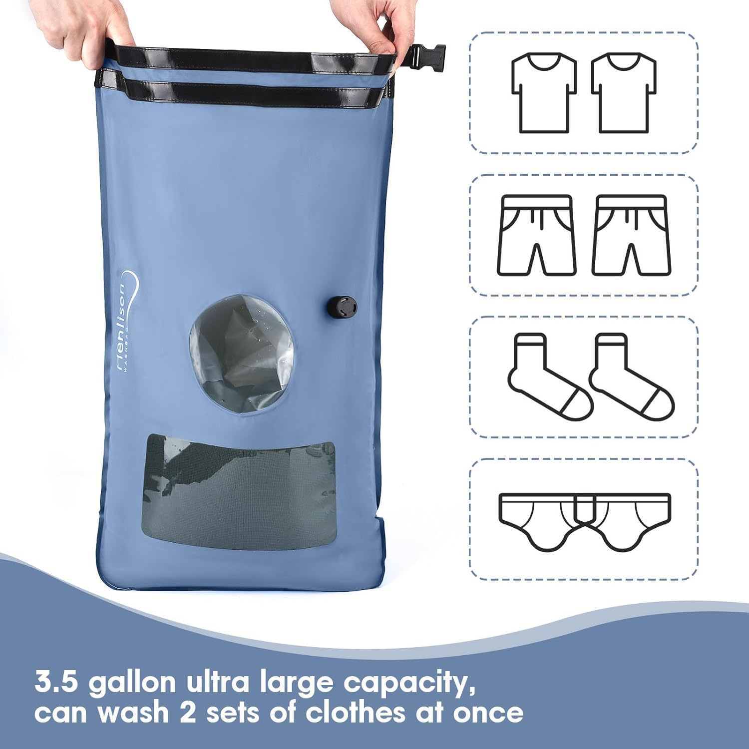 Wash Bag Portable Washing Machine, Lightweight Manual Washing Machine for Travel, Camping, Laundry, Baby Clothes, Non-Electric, With Bottom Water Outlet and Compartment