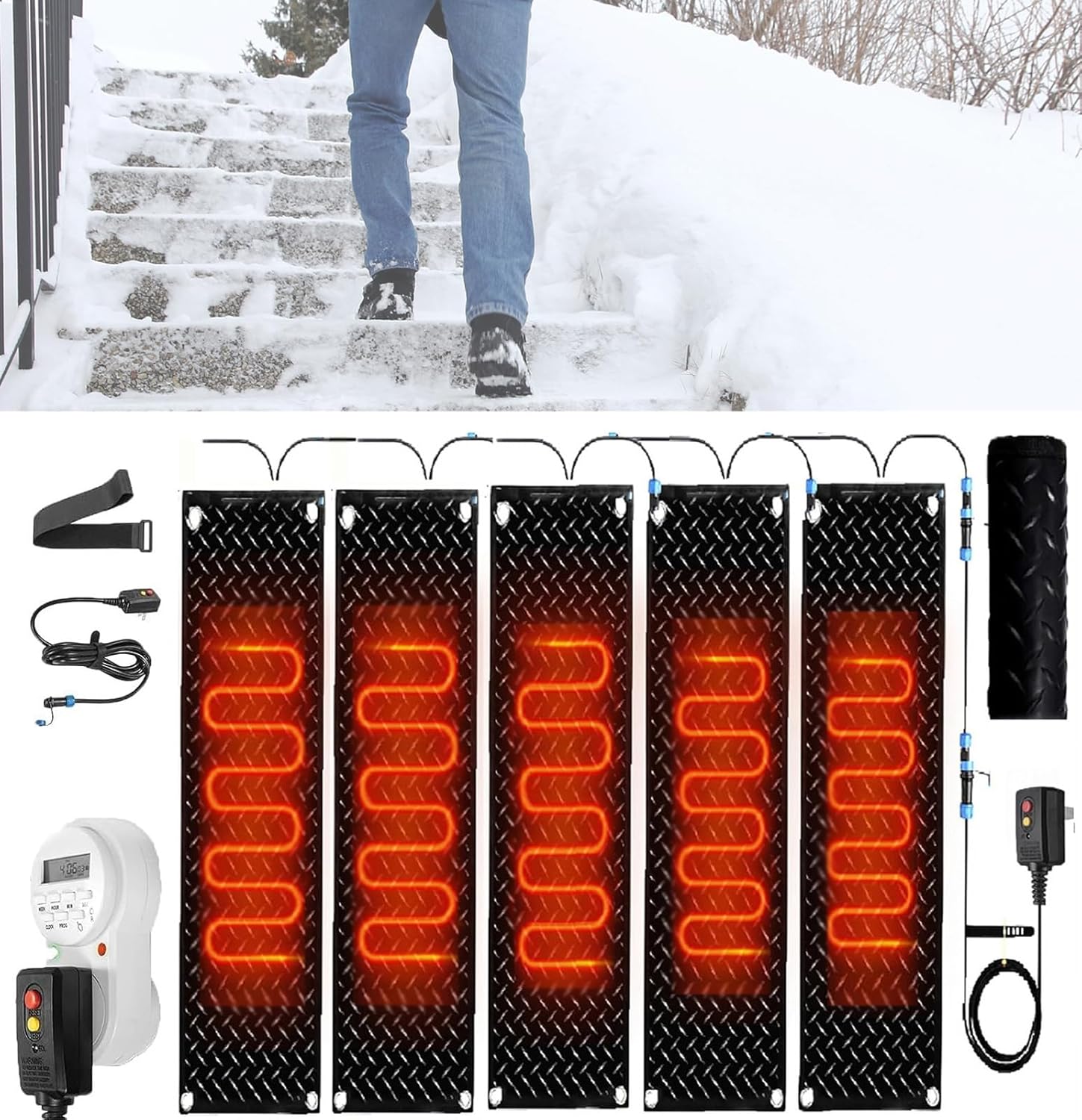 Snow Melting Walkway Mat with Timer, 1/2/3/4/5 Pcs Anti-Slip Rubber Heated Stair Mat,Snow and Ice Heated Pad for Winter Outdoor Stairs, Steps, Doorways, Walkways, Driveway(5 Pcs,12x36in/(30x90