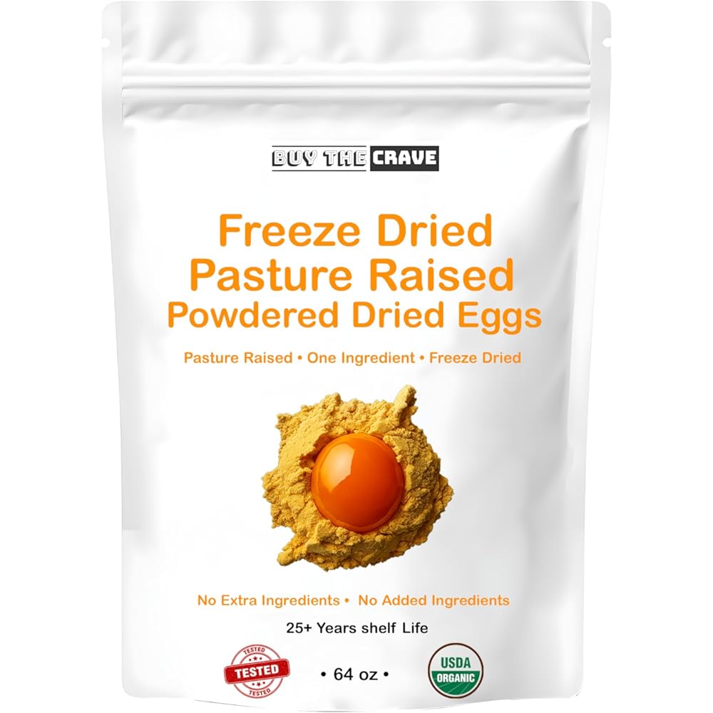 Freeze Dried Pasture Raised, Grade A Eggs, Grass Fed Powdered Dried Eggs 64 OZ Pack, Makes 170 EGGS Emergency, MRE Food Supply, Freeze Dried Survival Food for Hiking, Camping Essentials