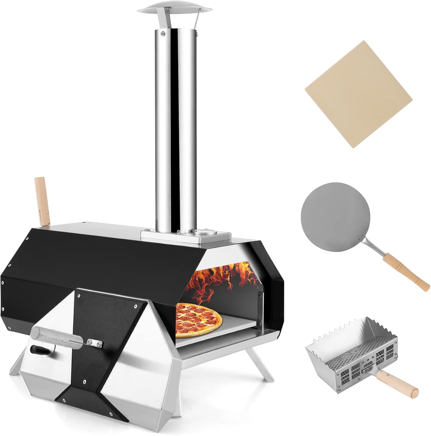 COSTWAY Outdoor Pizza Oven, with 12” Pizza Stone, Wood Fired Pizza Maker with Foldable Legs & Built-in Thermometer, Stainless Steel Wood Pellet Pizza Grill for Camping, Backyard, Picnic, Party, Black