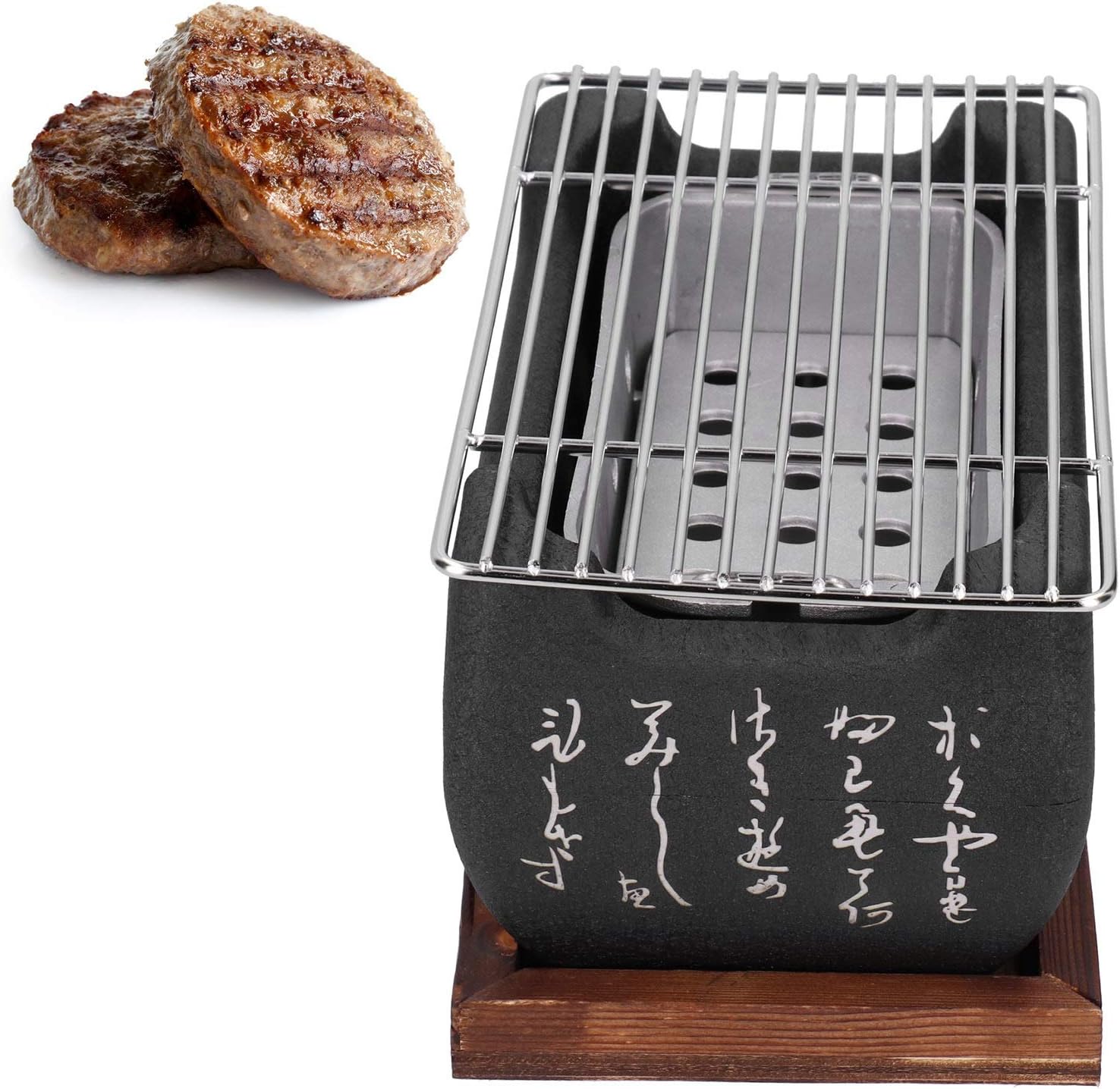 Japanese Barbecue Grill, Aluminum Alloy Charcoal Stove Yakitori Grill with Wire Mesh Wooden Base for Outdoor Camping
