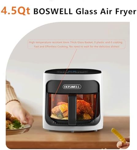 BOSWELL 4.5QT Glass Air Fryer - 6-in-1 with Transparent Bowl | Circulating Air for Crispy Results | Bake, Broil, Air Fry | Temperature Control, Dishwasher Safe (White)