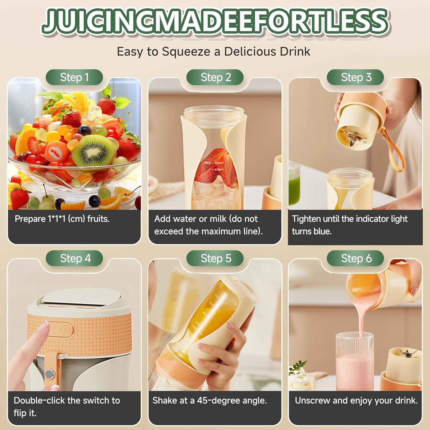 Portable Blender Cup- 450ml Multi-Function Blender with Ice-Crushing,Strong Cutting Power with 6 Blades, BPA Free, USB-C Rechargeable,Fruit Veggie Juicer Cup for Home, Sport, Office, Camping