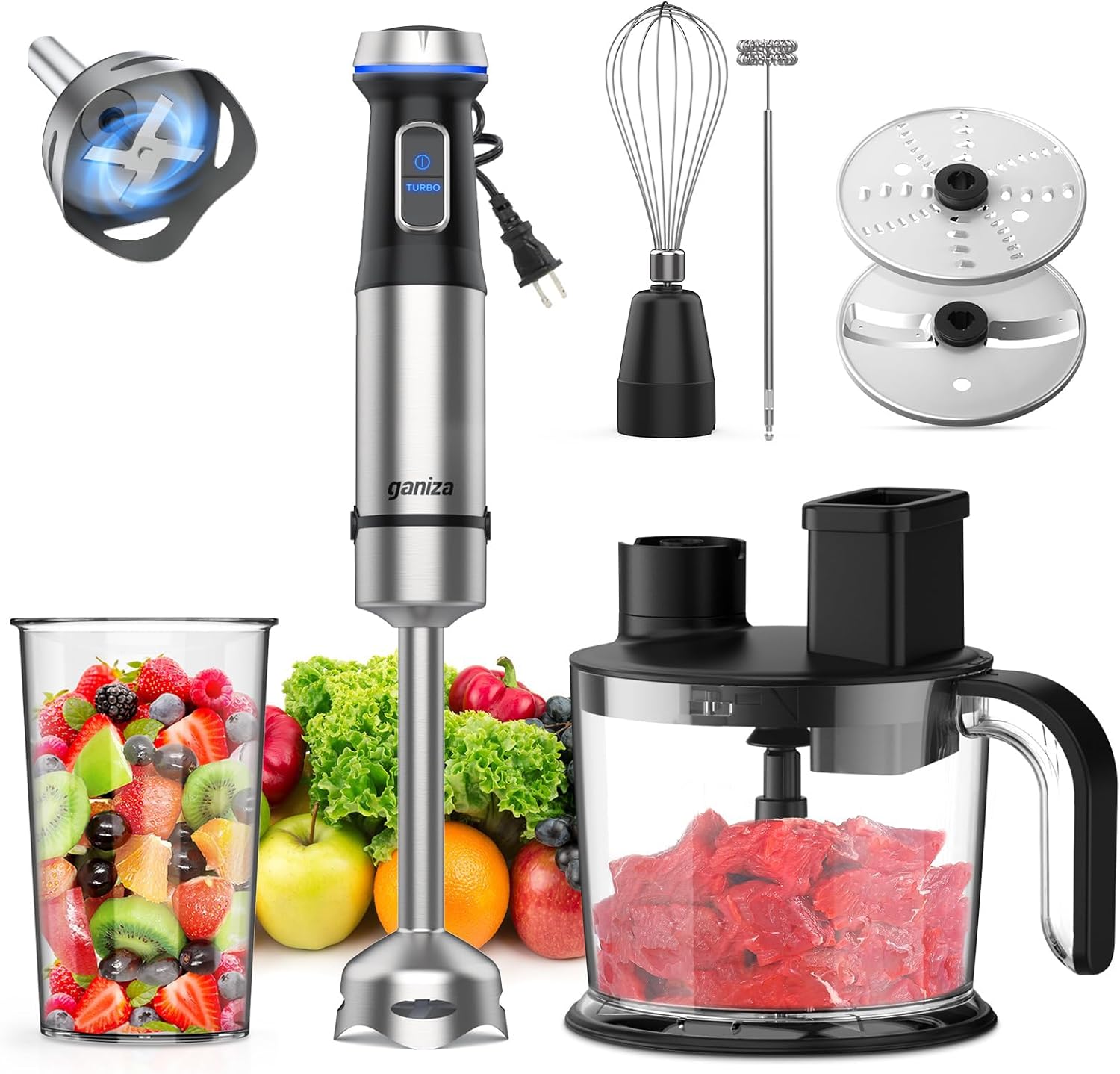 Ganiza Immersion Hand Blender 7 in 1 - Max 1000W Heavy Duty Motor, 15 Speed and Turbo Mode With 1500ml Food Processor and 6 Pieces