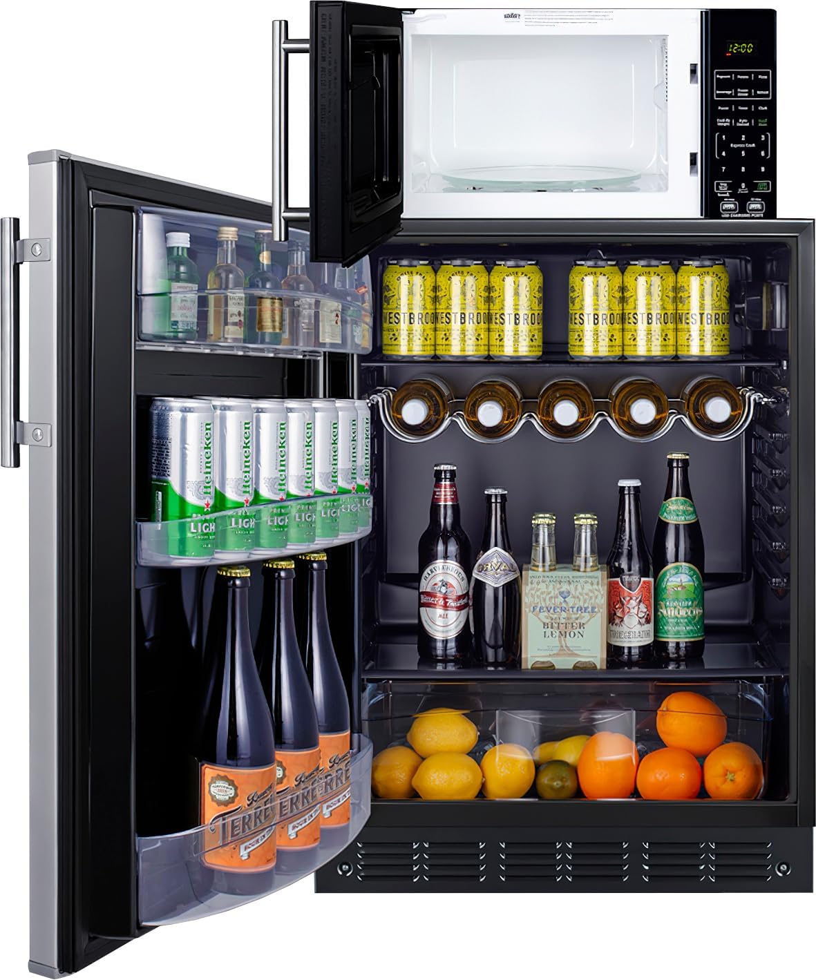 Summit Appliance MRF6BK2SSALHD Microwave/Refrigerator Combination with Allocator; Combo Includes FF6BK2SS All-refrigerator, and SM903BSA1 Microwave; 5.5 cu.ft Capacity; Automatic Defrost; LHD Swing