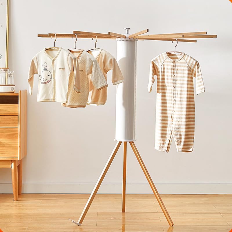 Tripod Clothes Drying Rack - Foldable Laundry Drying Rack - Household Floor Standing Clothes Drying Racks with 16 Wooden Drying arms for Balconies, Laundry, Bedrooms