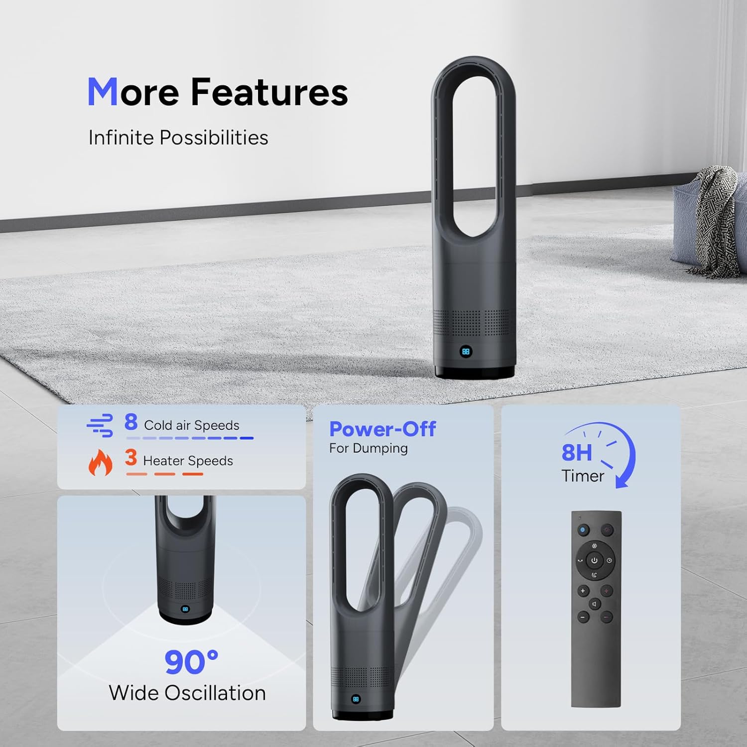 Bladeless Heater Fan,22Inch Heating & Cooling Combo Tower Fan 80° Oscillating, 9H Timer, 8 Speeds, Portable Quiet for Indoor, Bedroom, Home Office Room