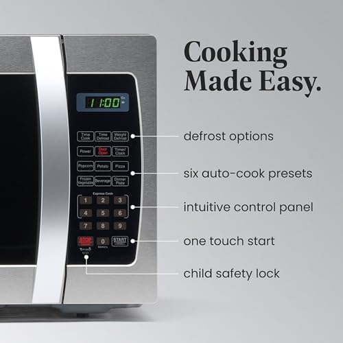Farberware 1.3 Cu. Ft. Countertop Microwave Oven – 1000 Watts Power, Auto Cook Settings, Defrost, Easy Clean and Child Safety Lock - Stainless