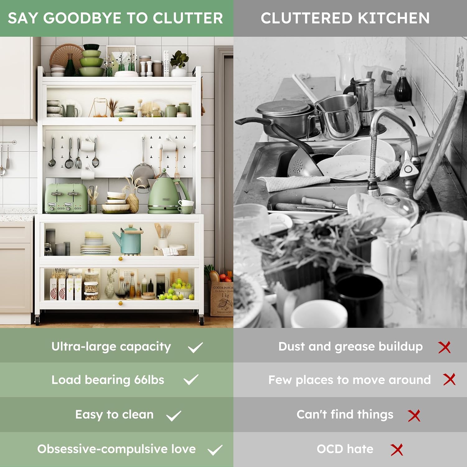 65'' Kitchen Pantry Storage Cabinet, Storage & Microwave Oven Countertop, Pantry Cabinets with 3 Doors and 4 Layers Hole Plate Versatile Storage for Kitchen, Living Room, Dining Room