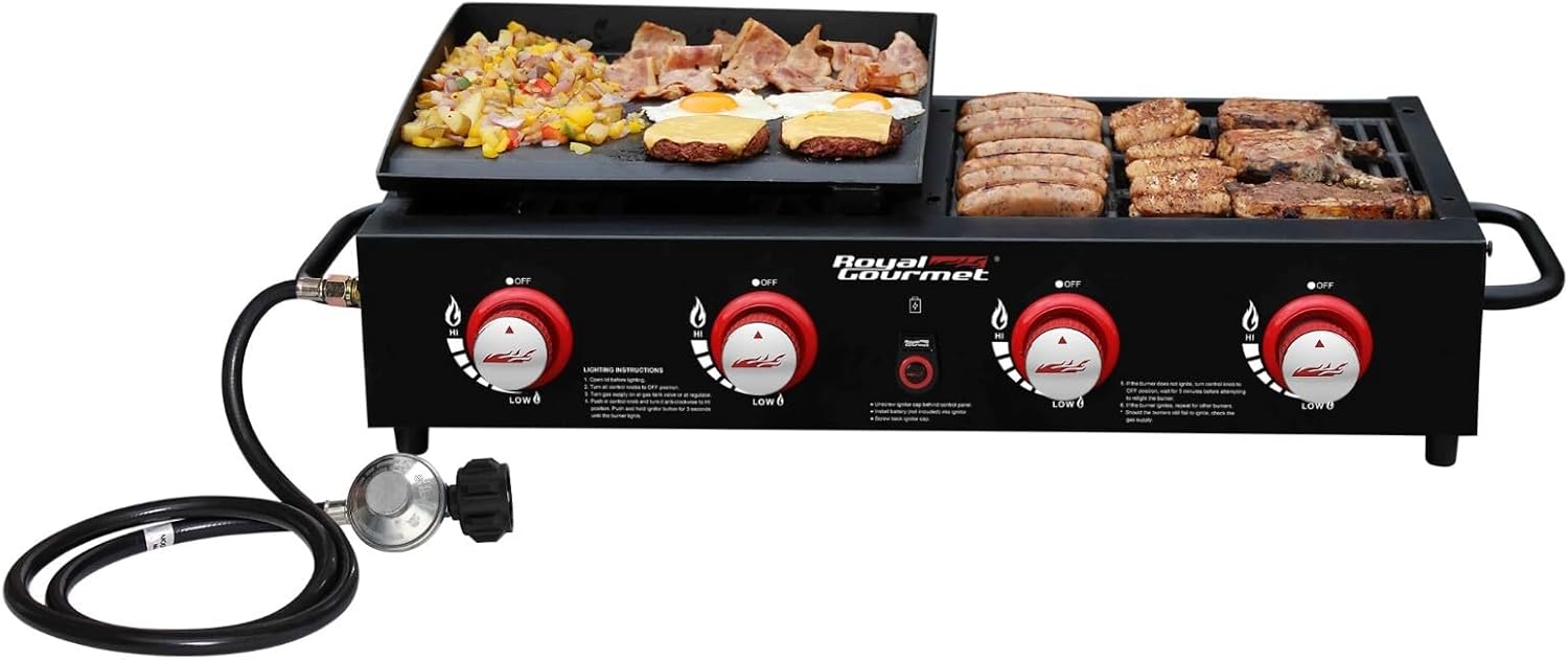 Portable 4-Burner Propane Gas Grill Griddle Combo for Backyard