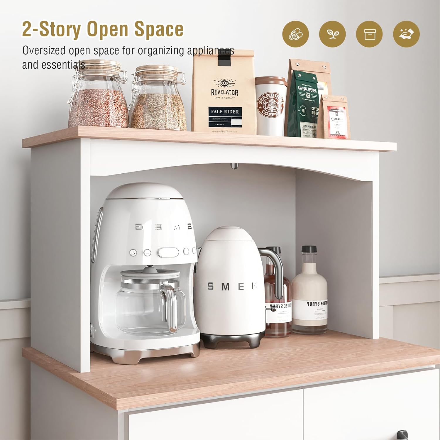 Microwave Stand with Storage, Kitchen Pantry Storage Cabinet with Drawer and Adjustable Shelf, Microwave Cabinet with Open Space for Kitchen, Dining Room, White