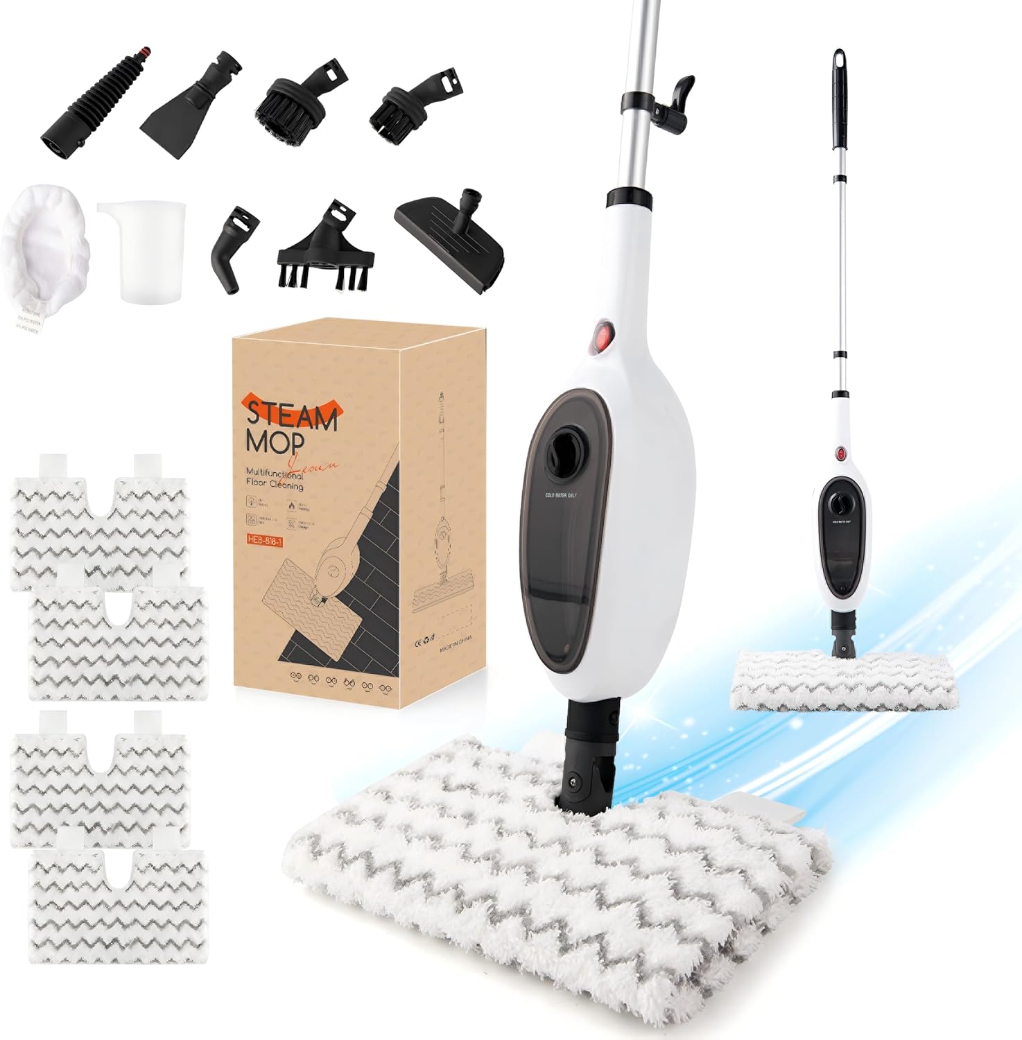 Steam Mop with Attachments/Pad 2PCS,Unique Double-Sided Flip Design - 260°F/126°C High Temperature Deep Cleaning, Floor Steamer for Kitchen, Living Room Wood Floor Tile Cleaning