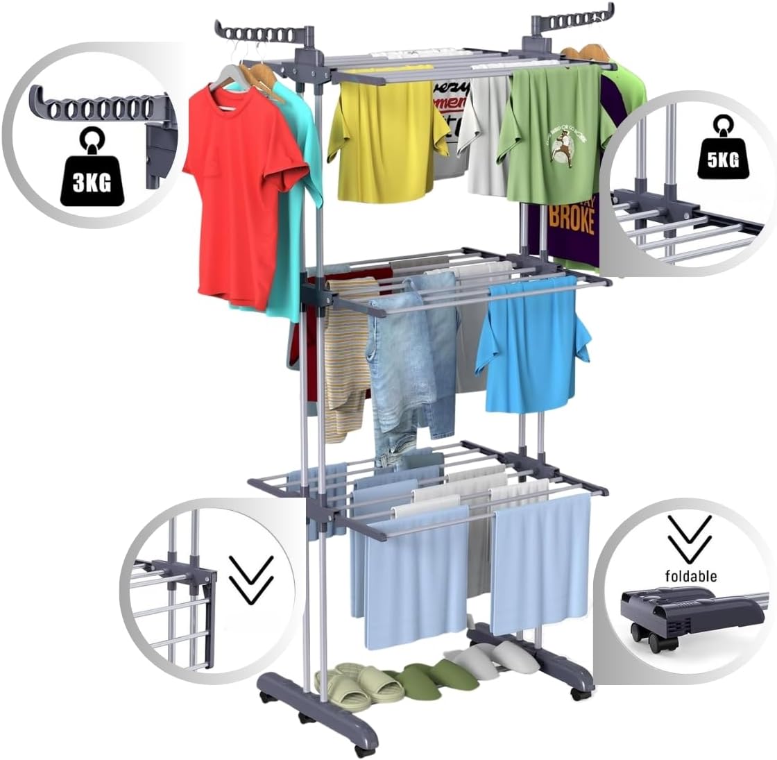 Drying Rack, Stainless Steel & Plastic, Space Saving Laundry Rack, 40lbs Capacity, Includes 2 Stainless Hangers for Underwear (White)