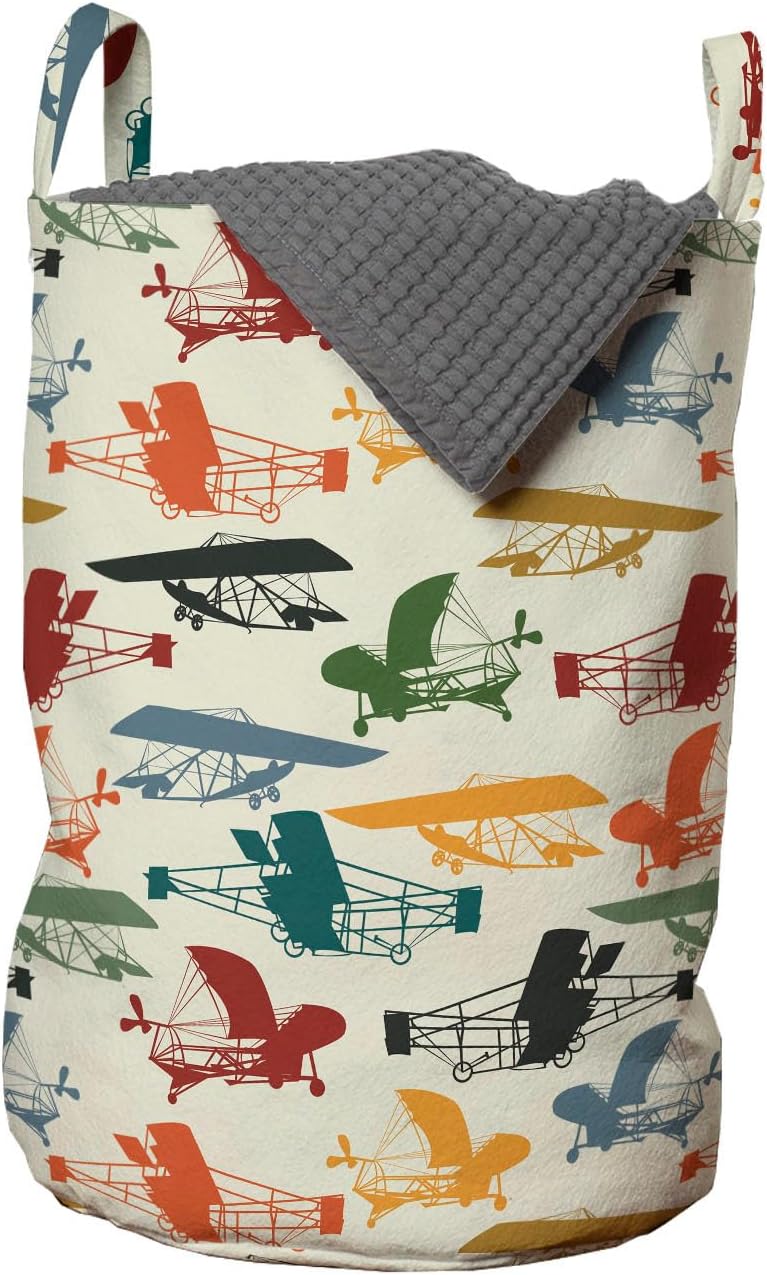 Lunarable Vintage Airplane Laundry Bag Pack of 2, Colorful Aircraft Concept Silhouettes on Beige Background Aviation Theme, Hamper Basket with Handles Drawstring Closure, 13