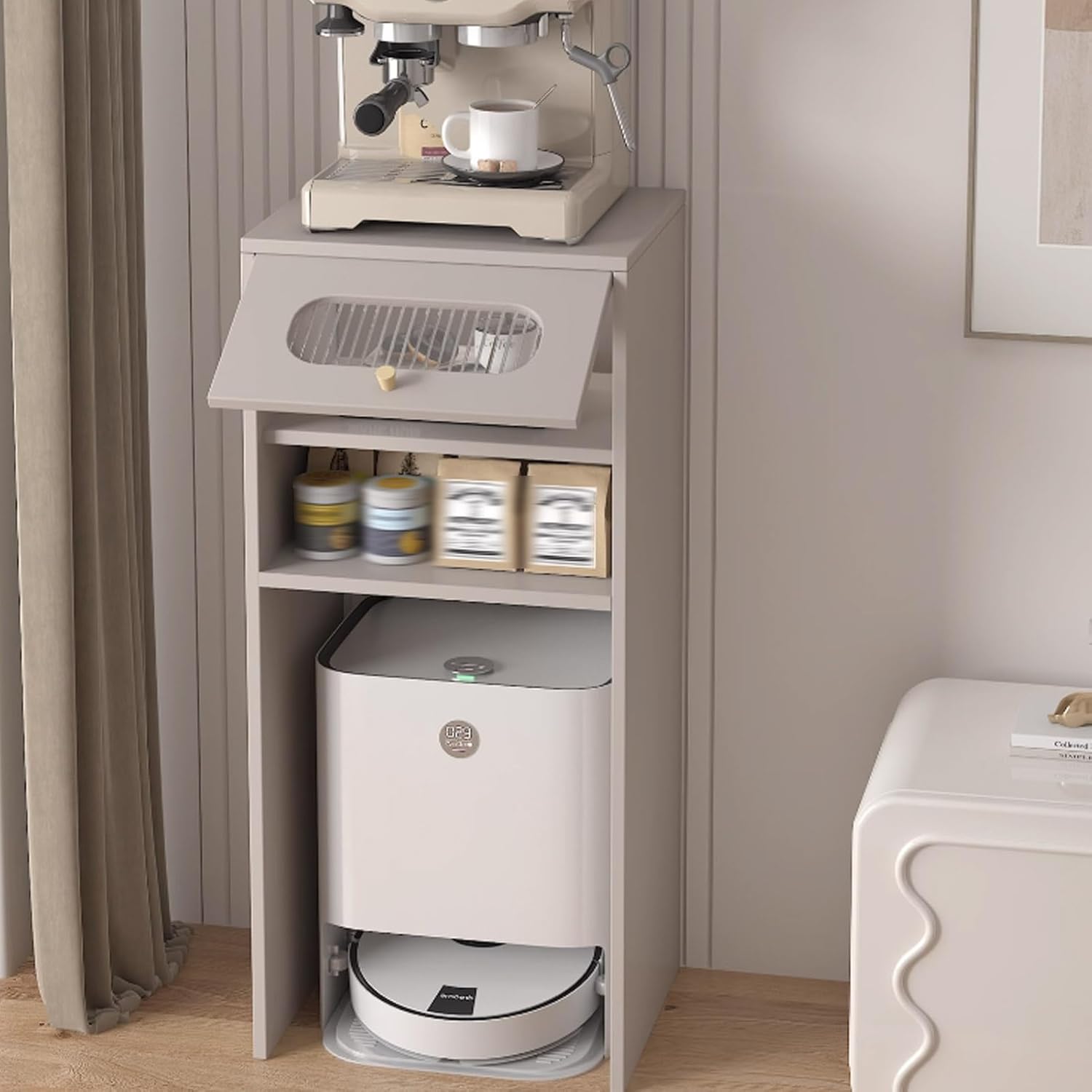 Robot Vacuum Stand Cabinet, Robot Vacuum Hidden Storage Cabinet, Wood Sweeping Robot Storage Rack with Adjustable Shelf, Nightstand, Side Table with Drawer(Natural)