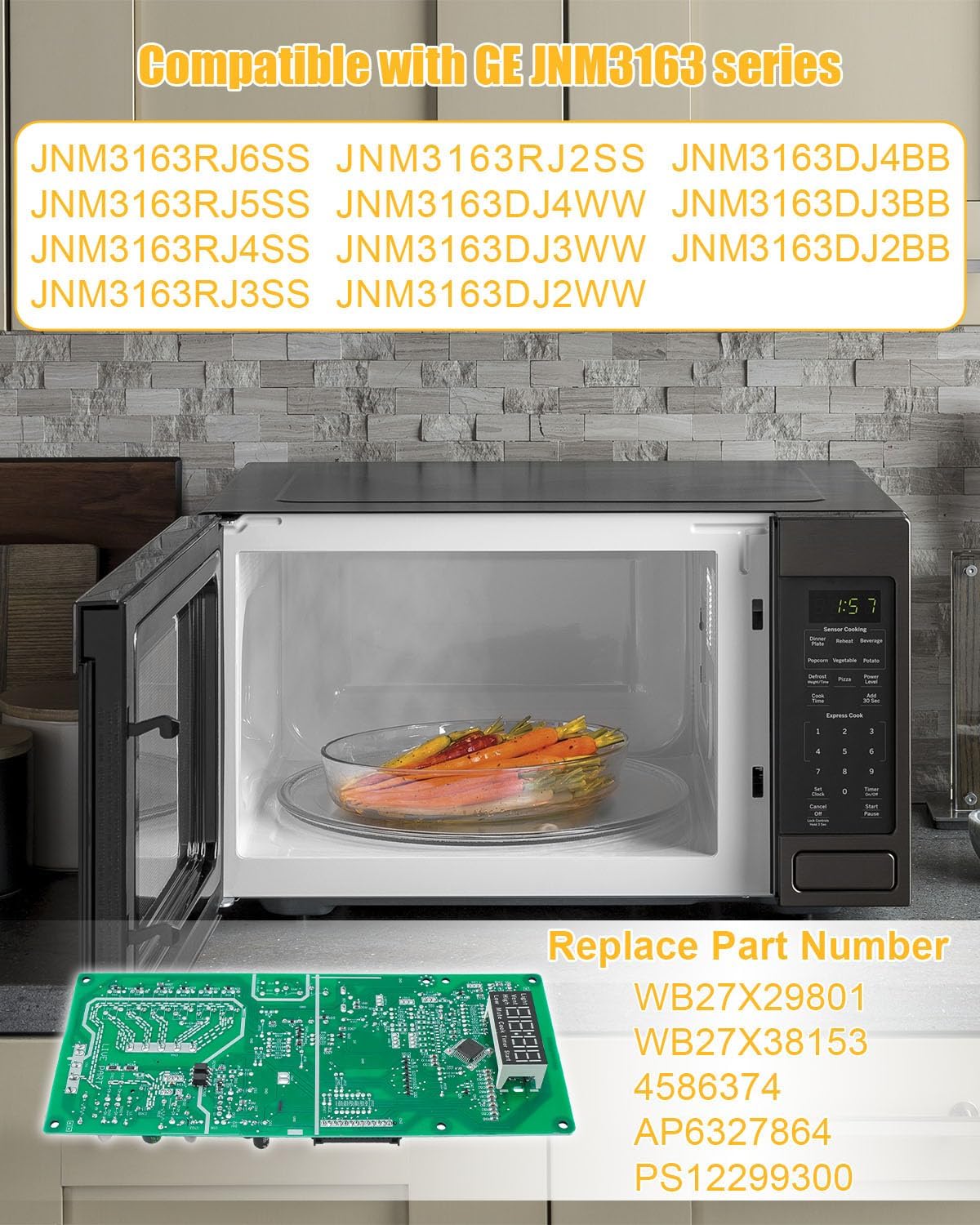 WB27X29801 Microwave Main Control Board with White LED Fit for GE JVM3162 JNM3163 and More, Microwaves Control Board Replace WB27X38153 4586374 AP6327864 PS12299300